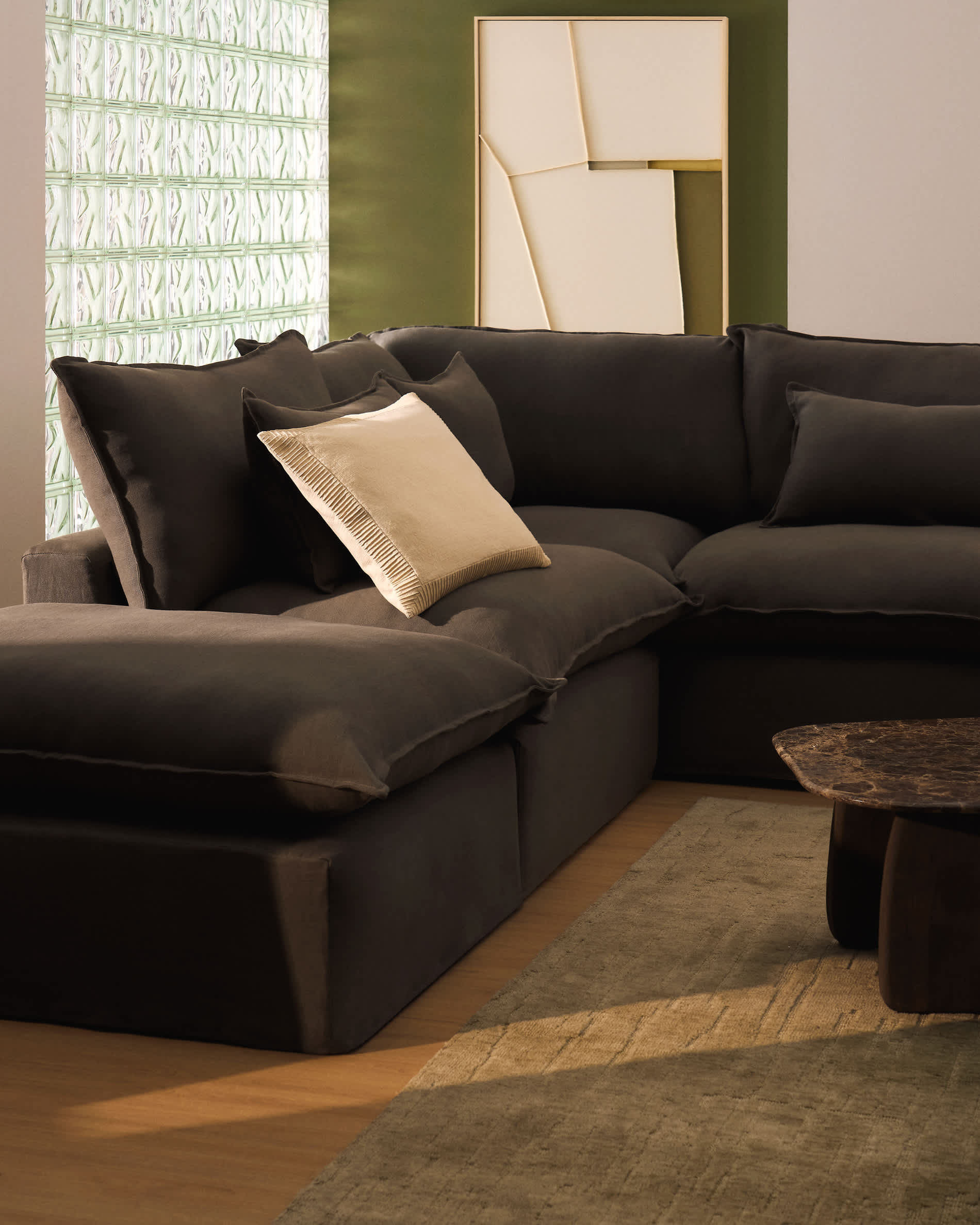 Anarela 100% taupe linen 4-seater modular corner sofa with removable cover 287 x 307cm FSC Mix Credit