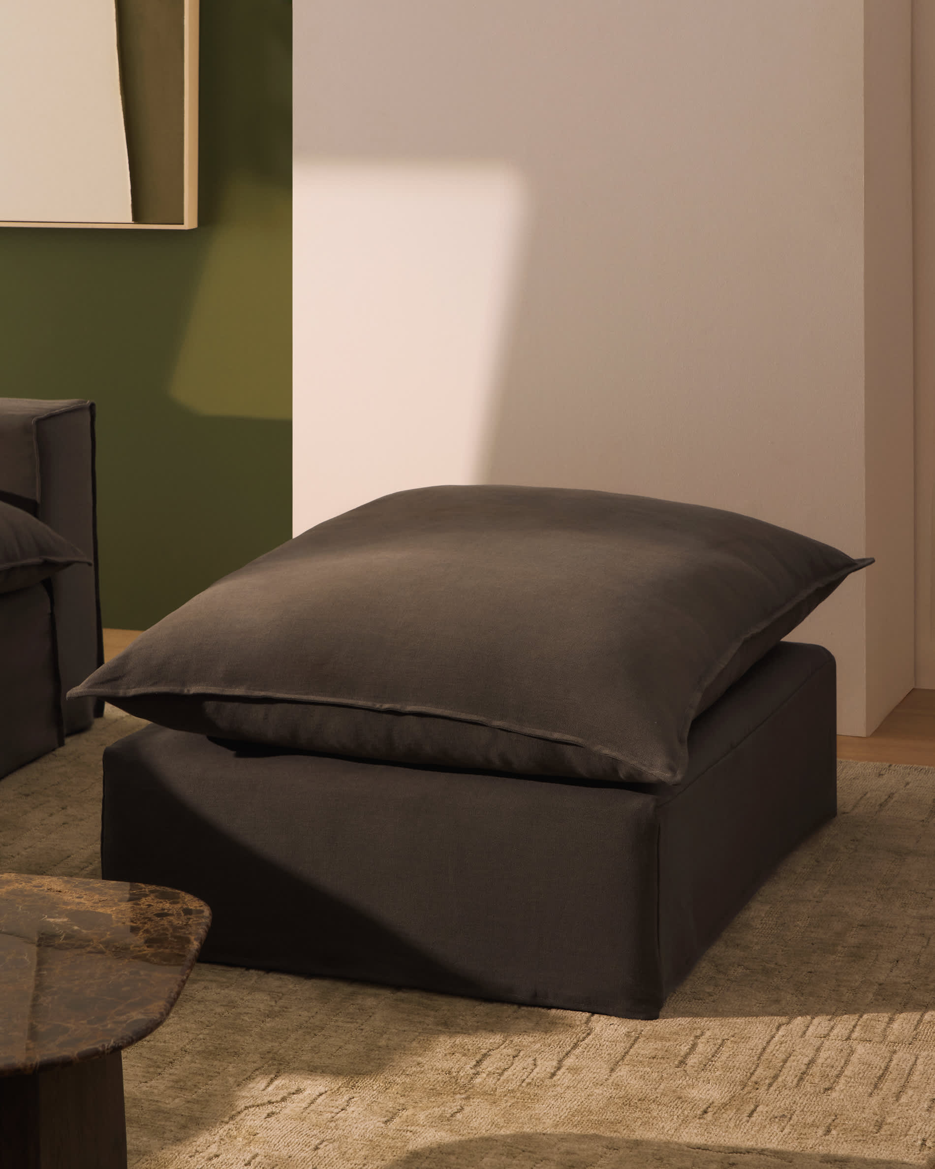 Anarela 100% taupe linen end pouffe with removable cover 90 x 107cm FSC Mix Credit