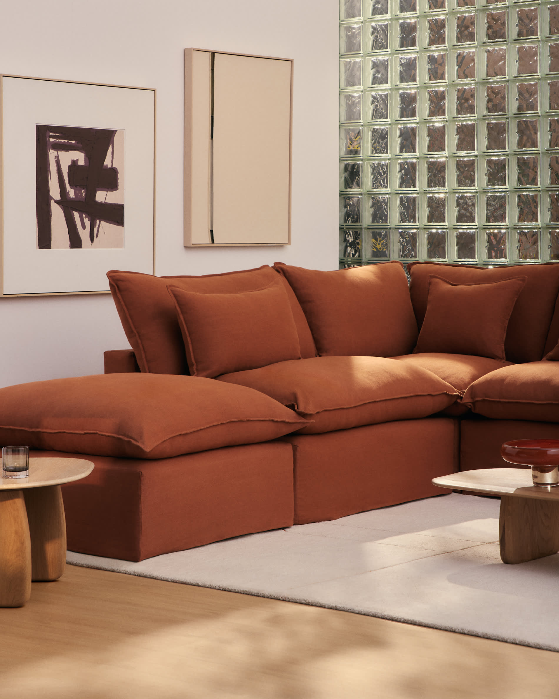 Anarela 100% terracotta linen 6-seater modular corner sofa with removable cover 307 x 347cm FSC Mix Credit