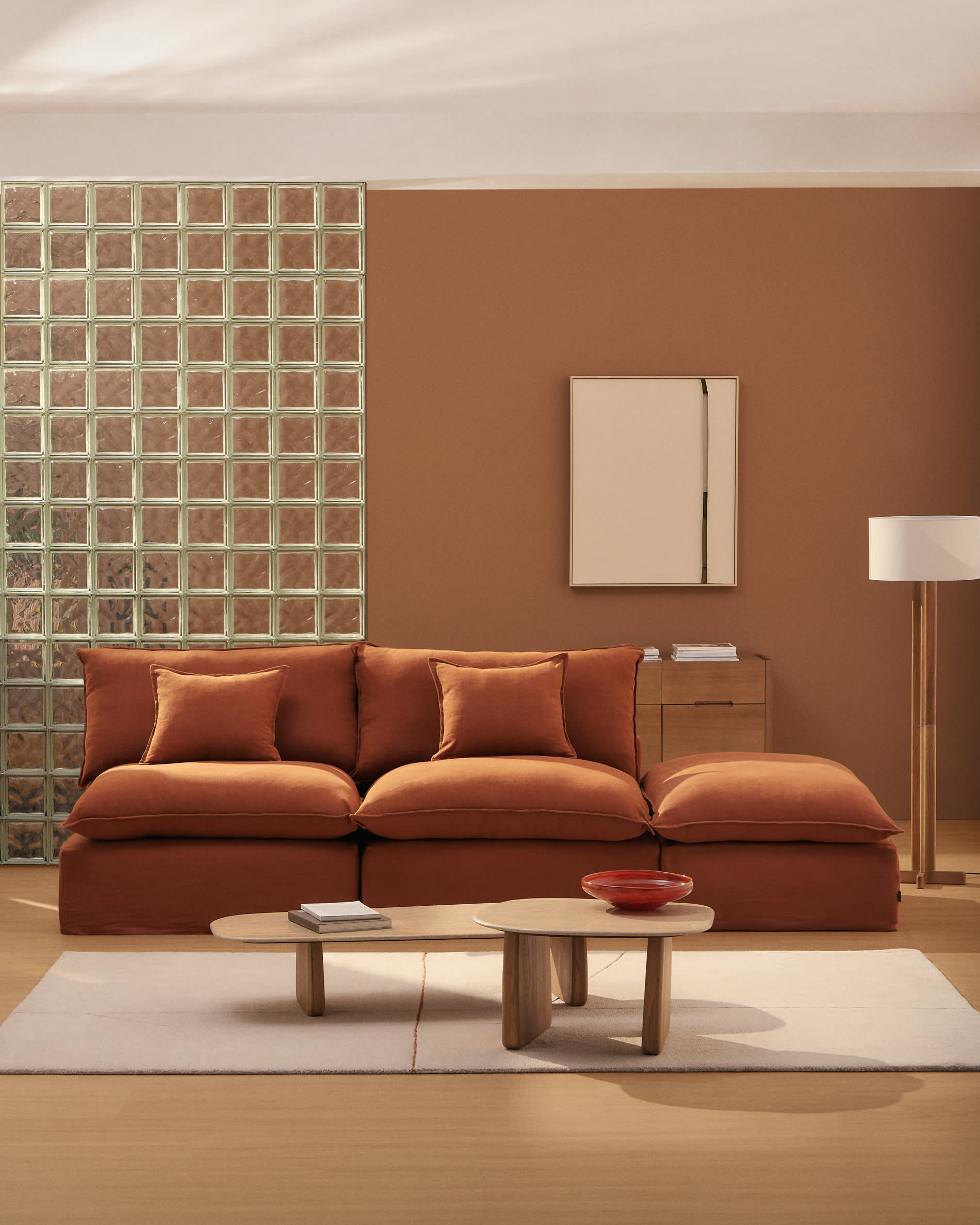 Anarela 100% terracotta linen 2-seater modular sofa with end module and removable cover 270cm FSC Mix Credit