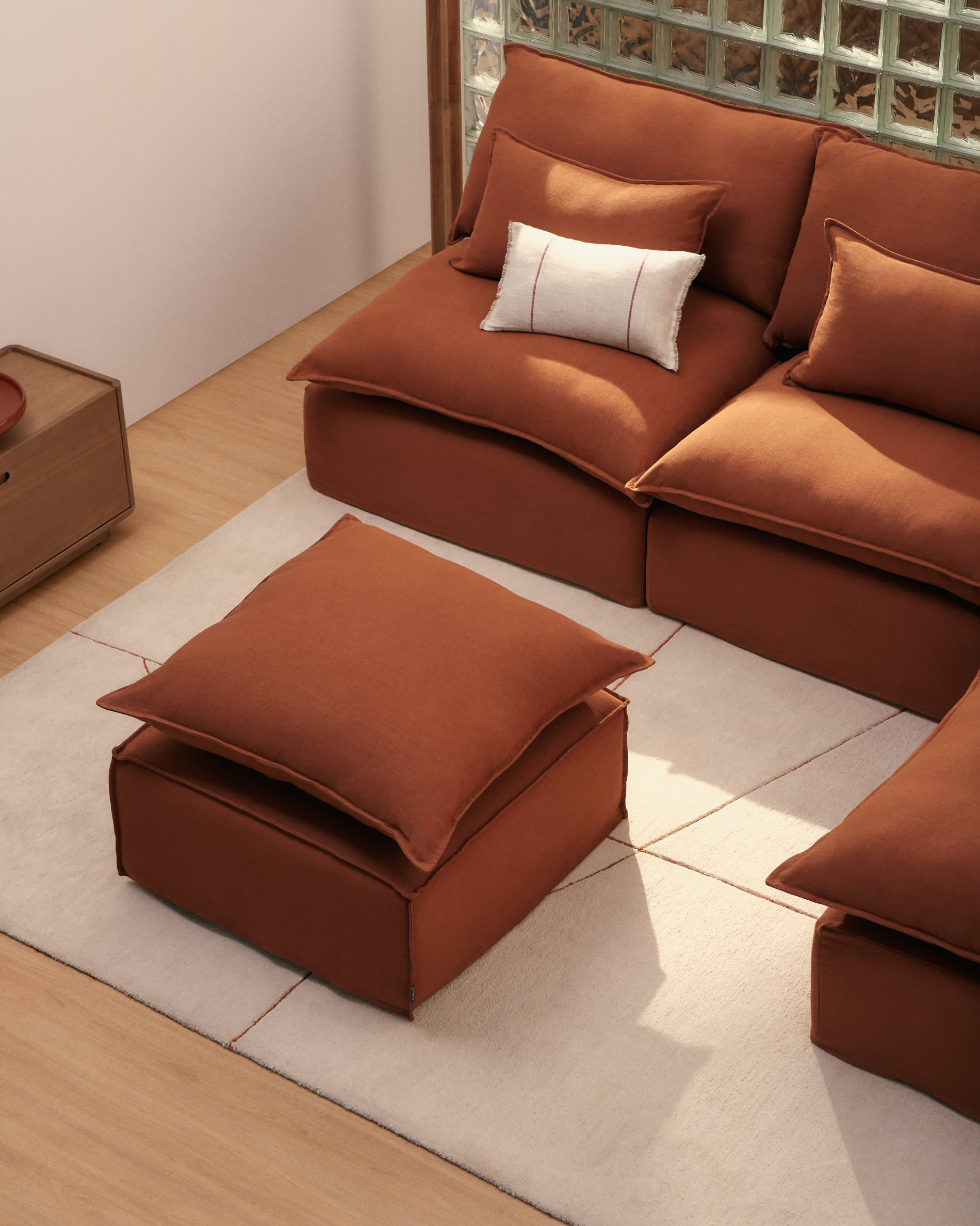 Anarela 100% terracotta linen footrest with removable cover and cushion 80 x 80cm FSC Mix Credit