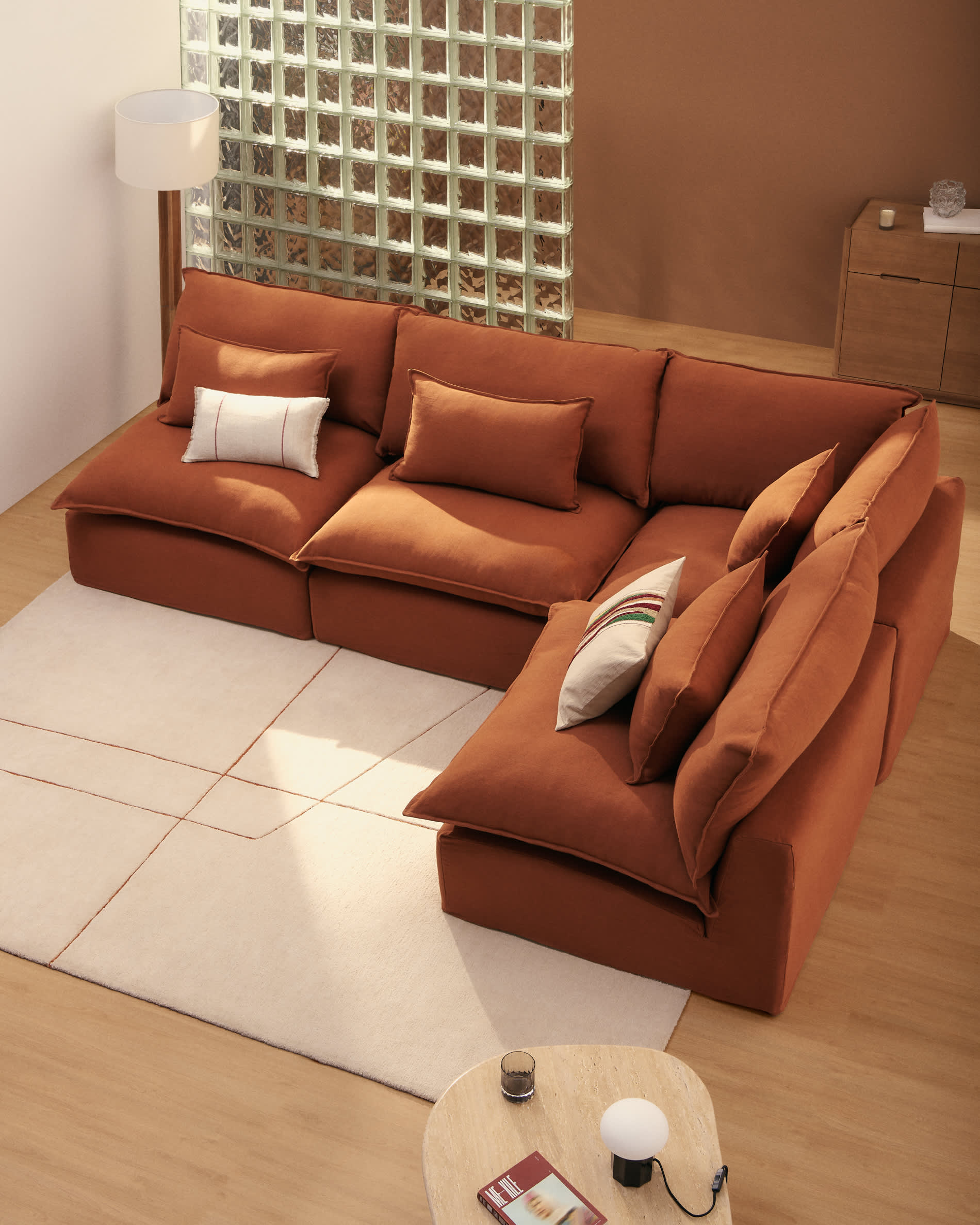 Anarela 100% terracotta linen 4-seater modular corner sofa with removable cover 287 x 197cm / 197 x 287cm FSC Mix Credit