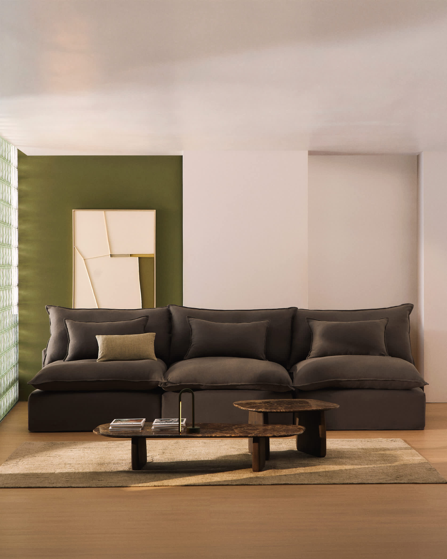 Anarela 100% taupe linen 5-seater modular sofa with removable cover 330cm FSC Mix Credit