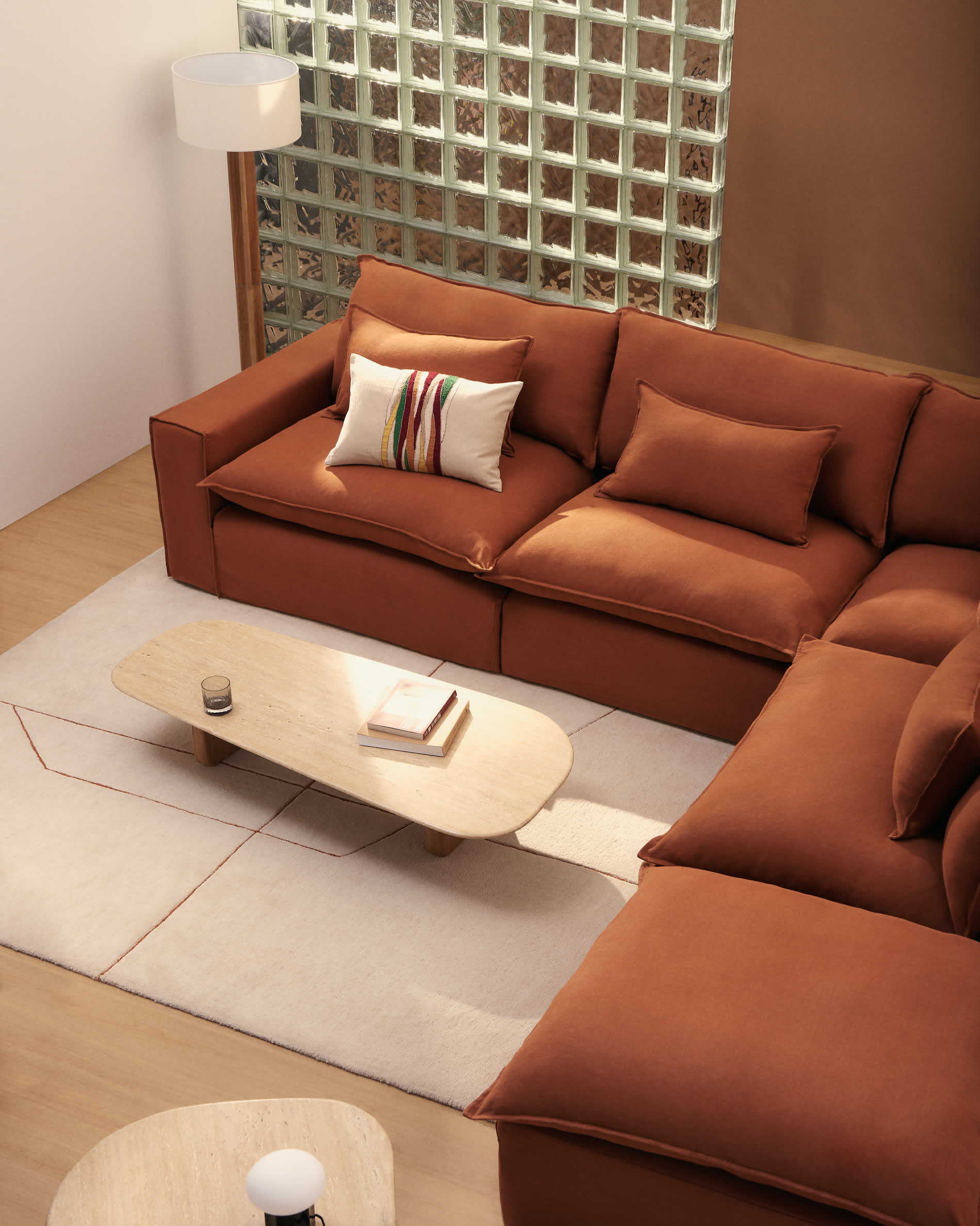 Anarela 100% terracotta linen 6-seater modular corner sofa with removable cover 347 x 307cm FSC Mix Credit