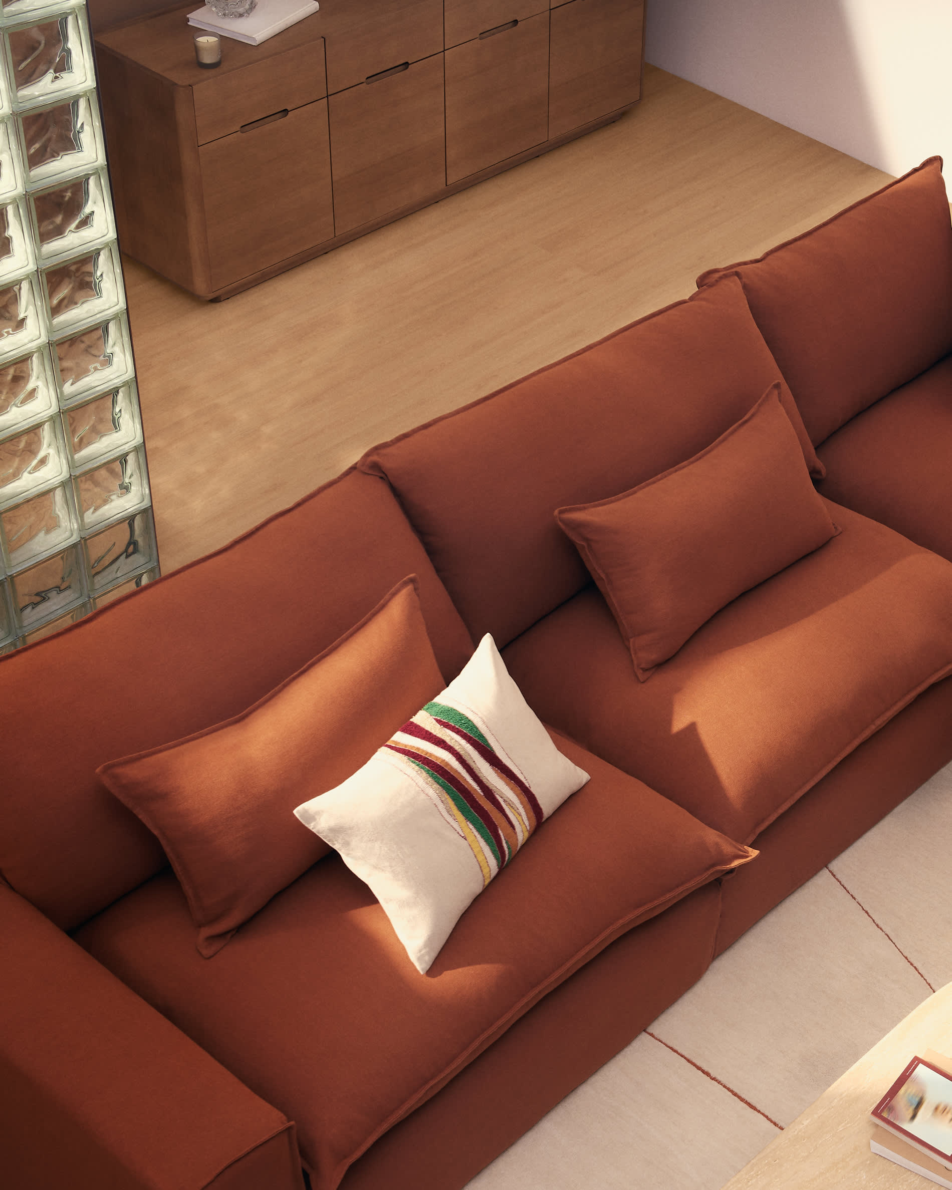 Anarela 100% terracotta linen 5-seater modular sofa with removable cover 370cm FSC Mix Credit