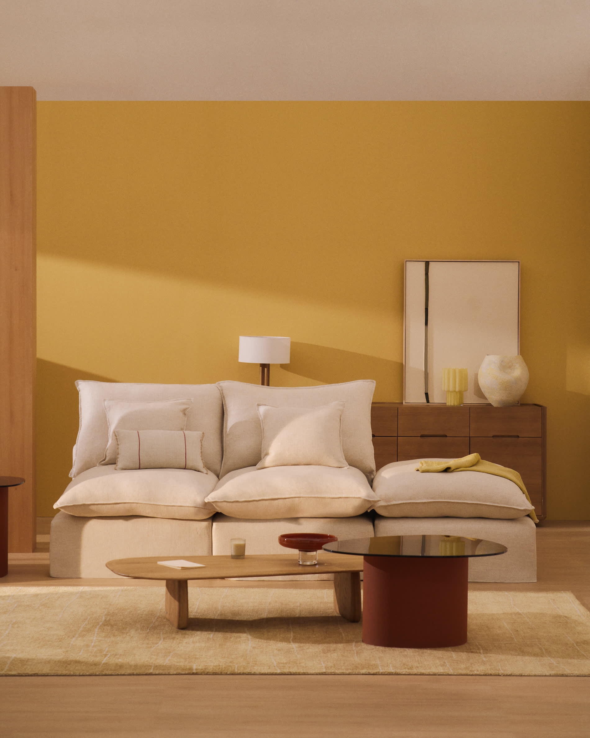 Anarela beige linen and viscose 2-seater modular sofa with end module and removable cover 270cm FSC Mix Credit