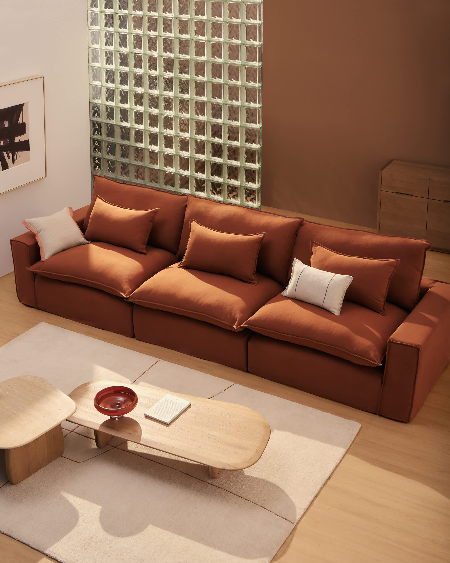 Anarela 100% terracotta linen 3-seater modular sofa with removable cover 310cm FSC Mix Credit
