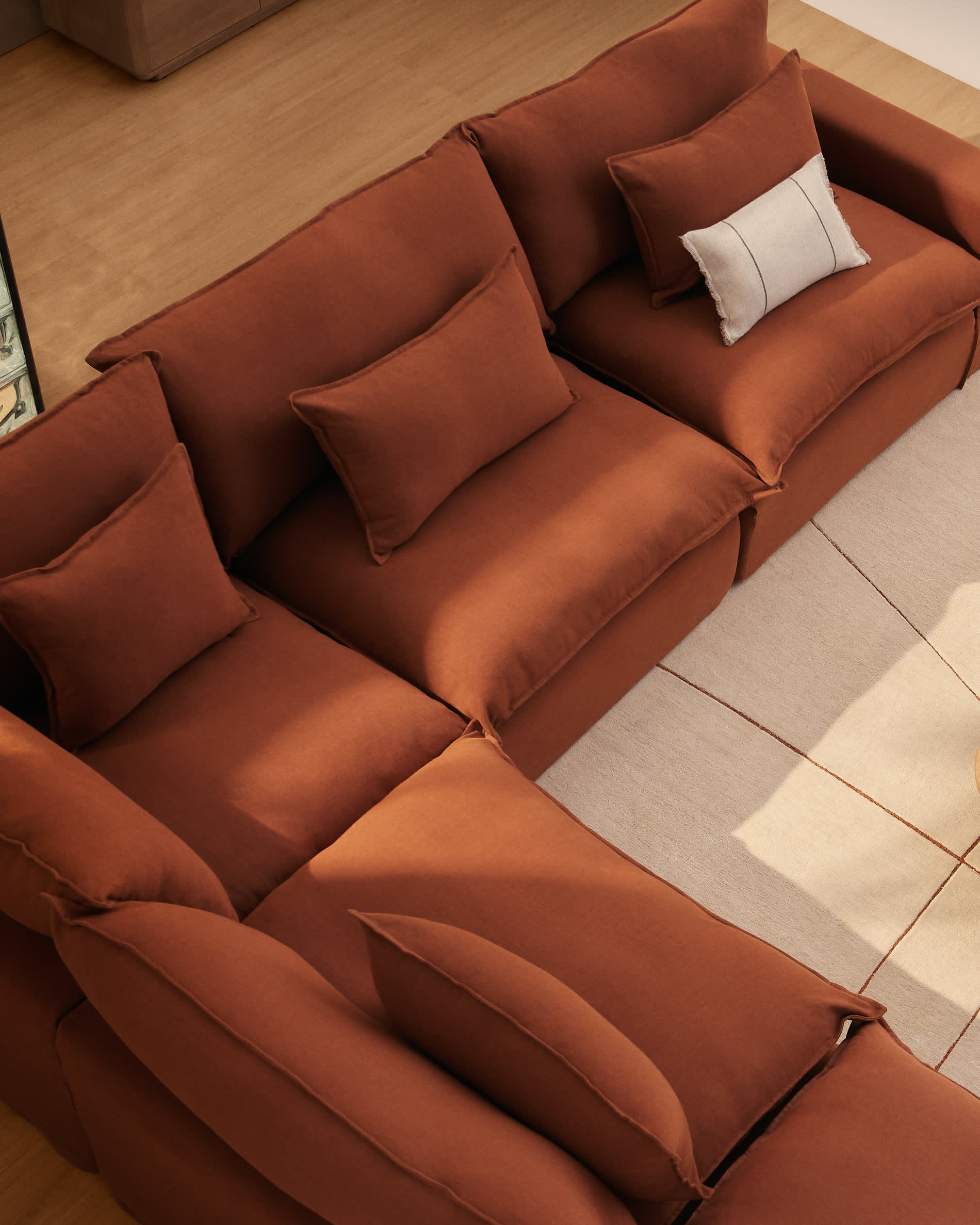 Anarela 100% terracotta linen 4-seater modular corner sofa with removable cover 287 x 307cm FSC Mix Credit