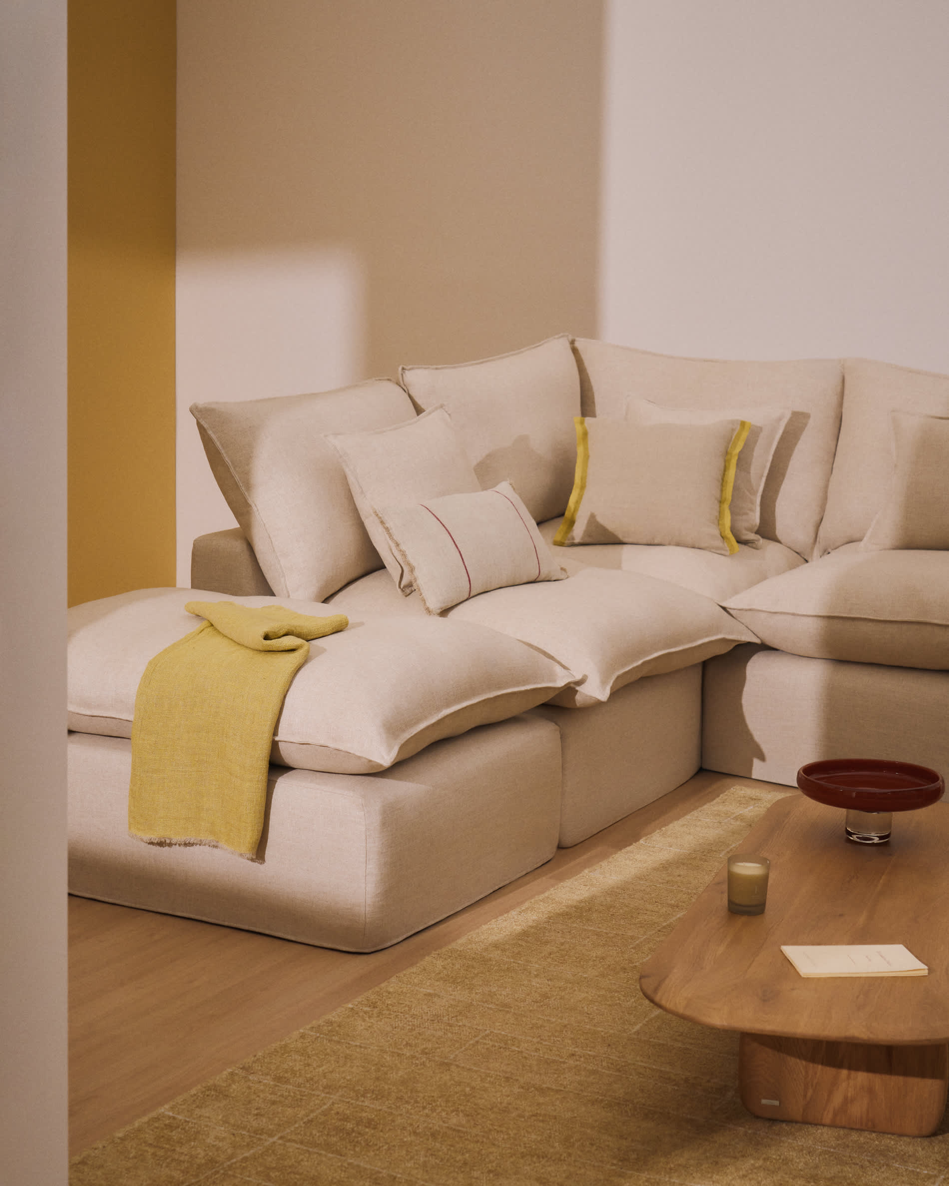Anarela beige linen and viscose 4-seater modular corner sofa with removable cover 287 x 307 cm FSC Mix Credit