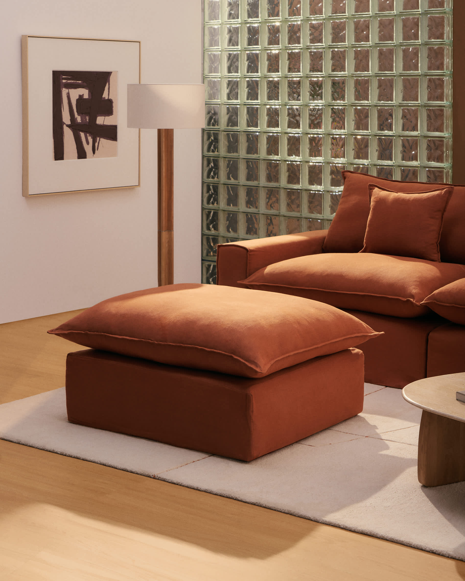 Anarela 100% terracotta linen end pouffe with removable cover 90 x 107cm FSC Mix Credit