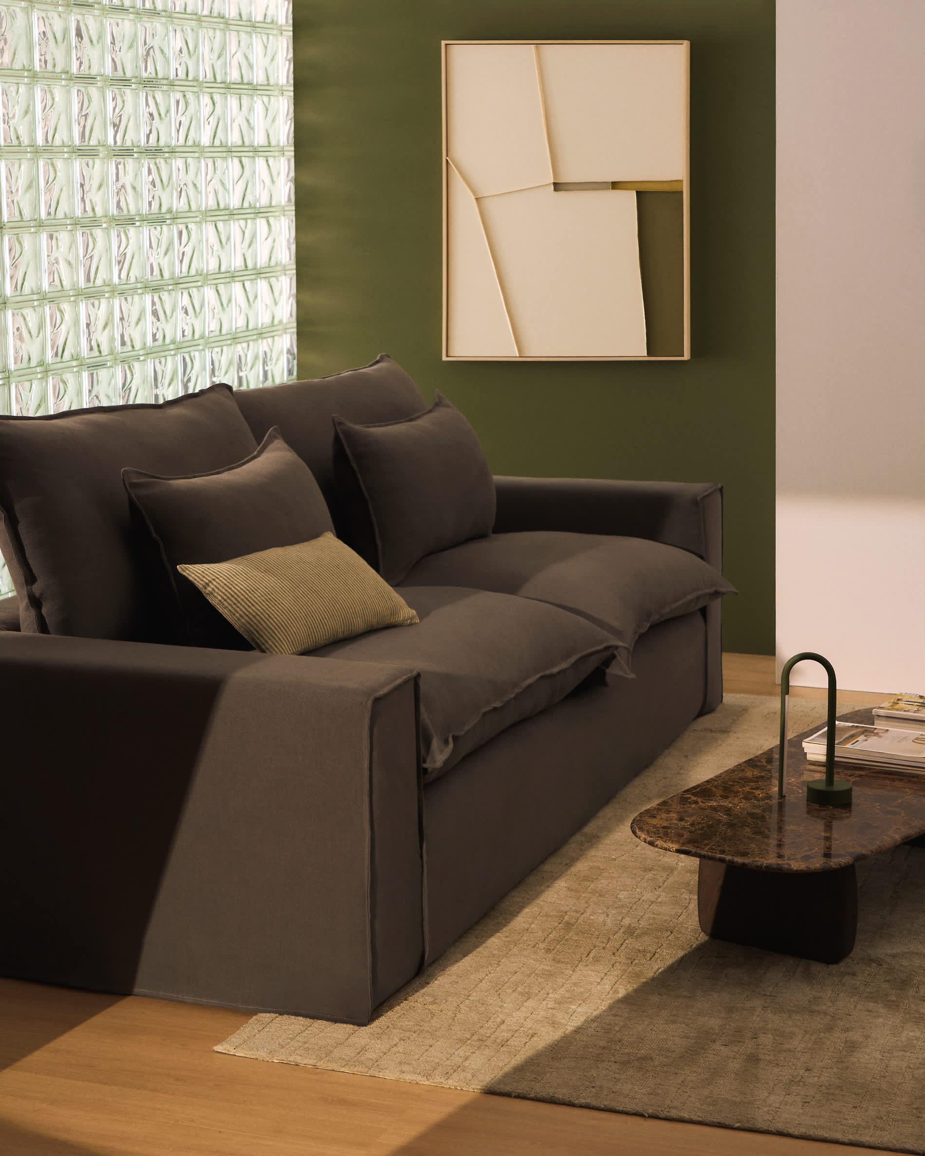 Anarela 100% taupe linen 3-seater sofa with removable cover 280 cm FSC Mix Credit