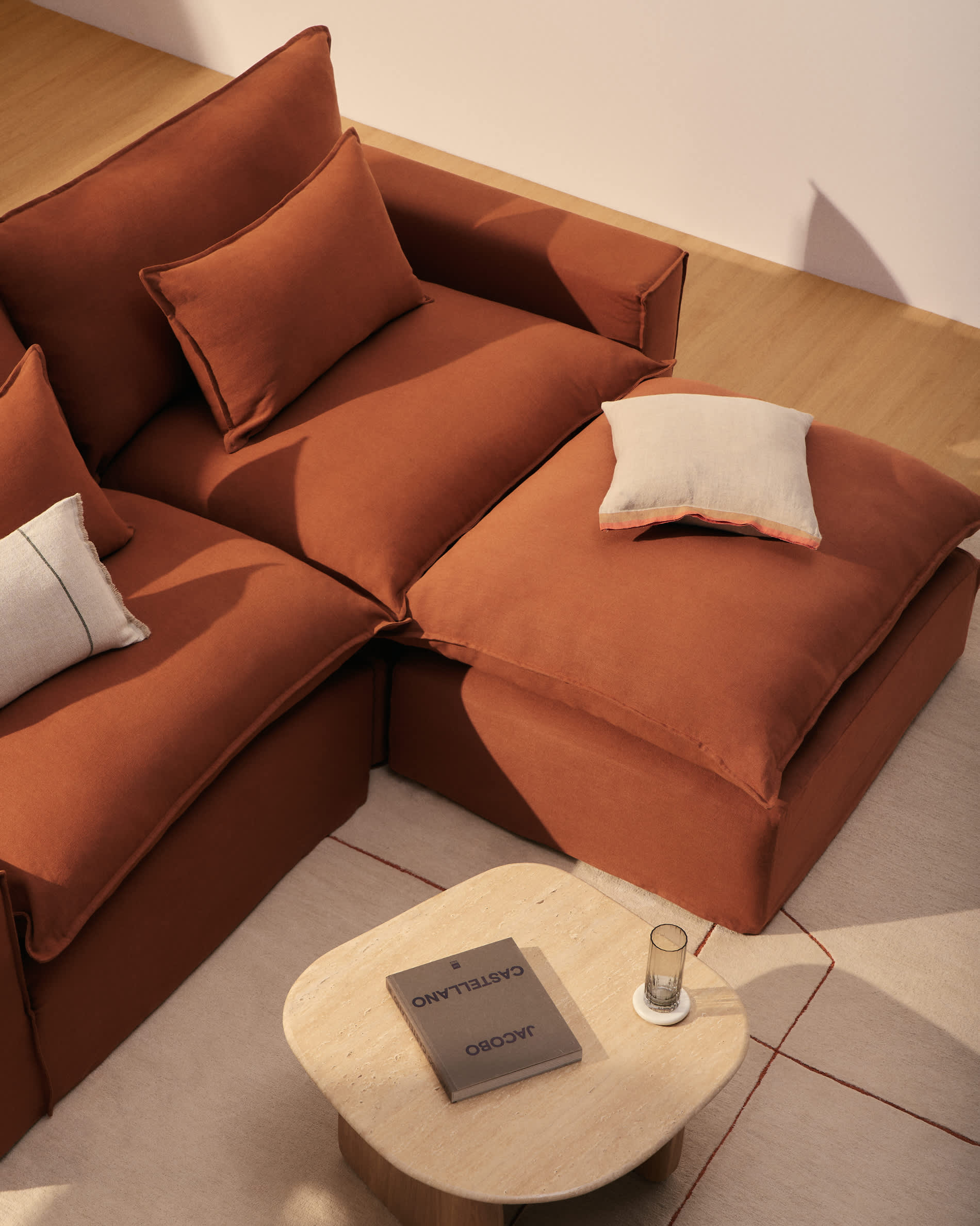 Anarela 100% terracotta linen end pouffe with removable cover 90 x 107cm FSC Mix Credit