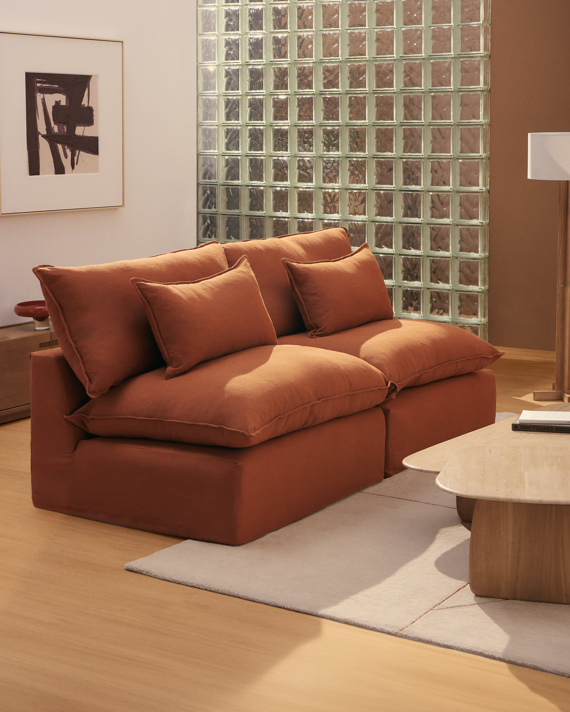 Anarela 100% terracotta linen 3-seater modular sofa with removable cover 220cm FSC Mix Credit