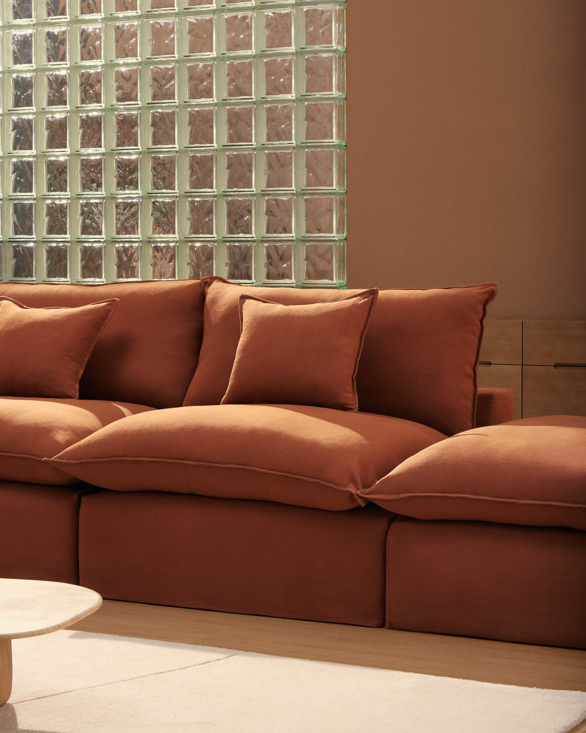 Anarela 100% terracotta linen 3-seater modular sofa with end module and removable cover 310cm FSC Mix Credit