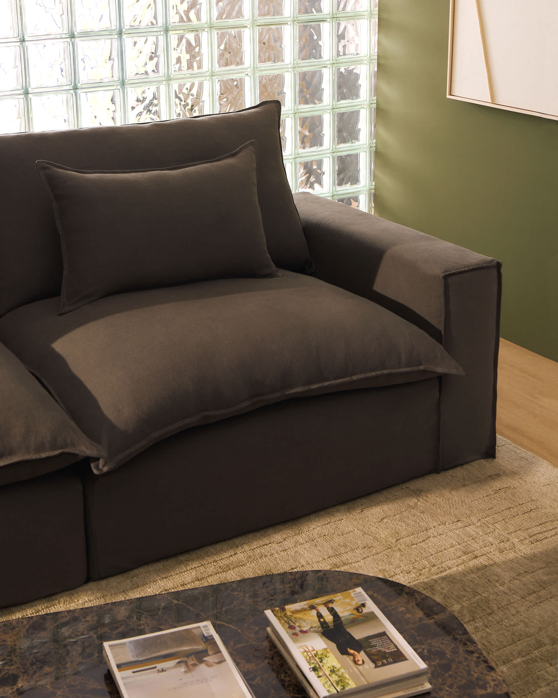 Anarela 100% taupe linen 5-seater modular sofa with removable cover 370cm FSC Mix Credit