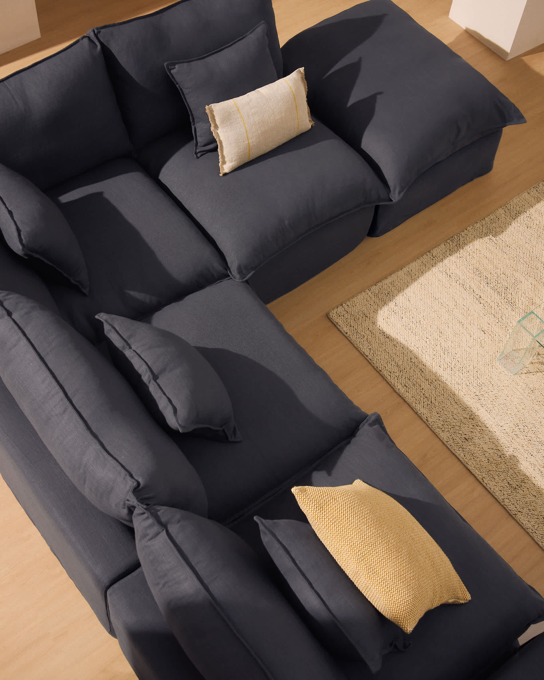 Anarela dark grey linen and viscose 4-seater modular corner sofa with removable cover 307 x 287 cm FSC Mix Credit