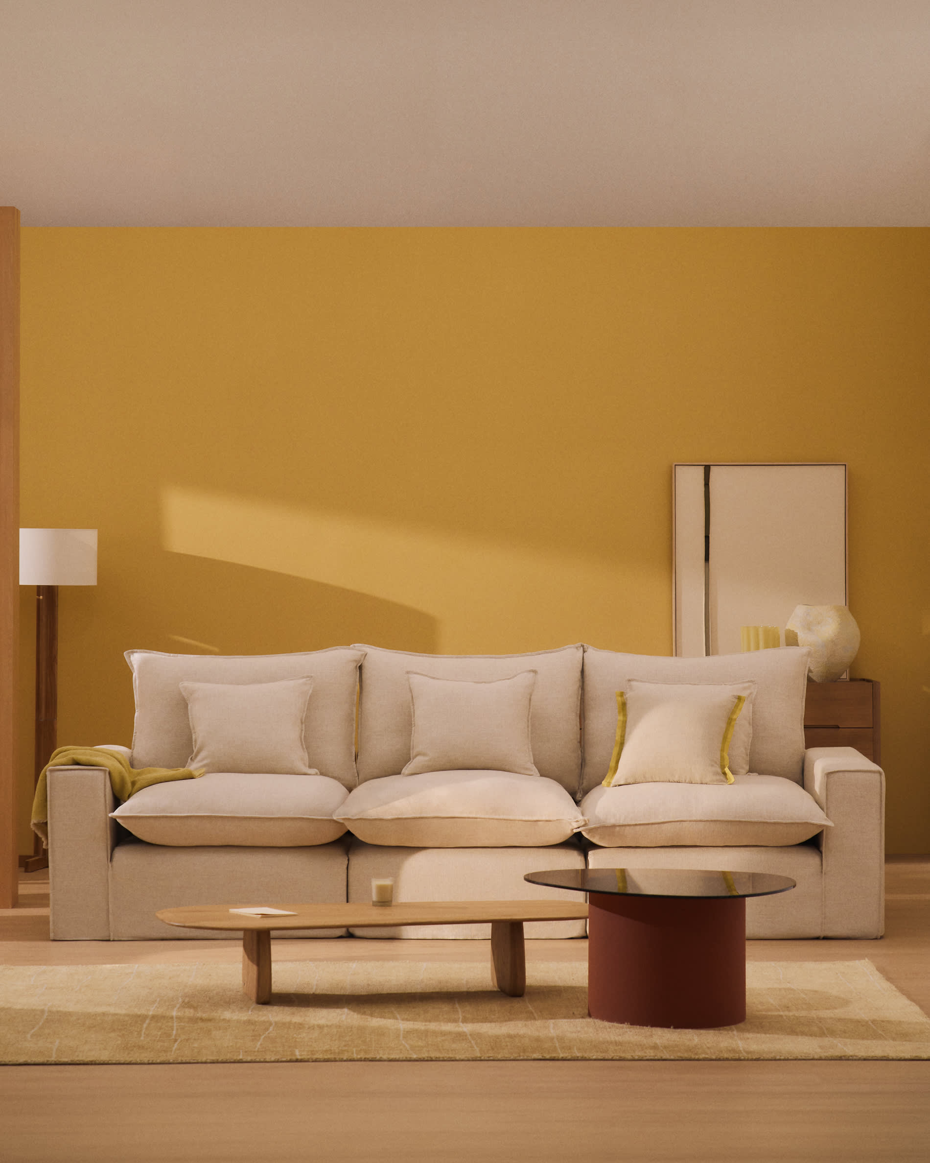 Anarela beige linen and viscose 5-seater modular sofa with removable cover 370cm FSC Mix Credit