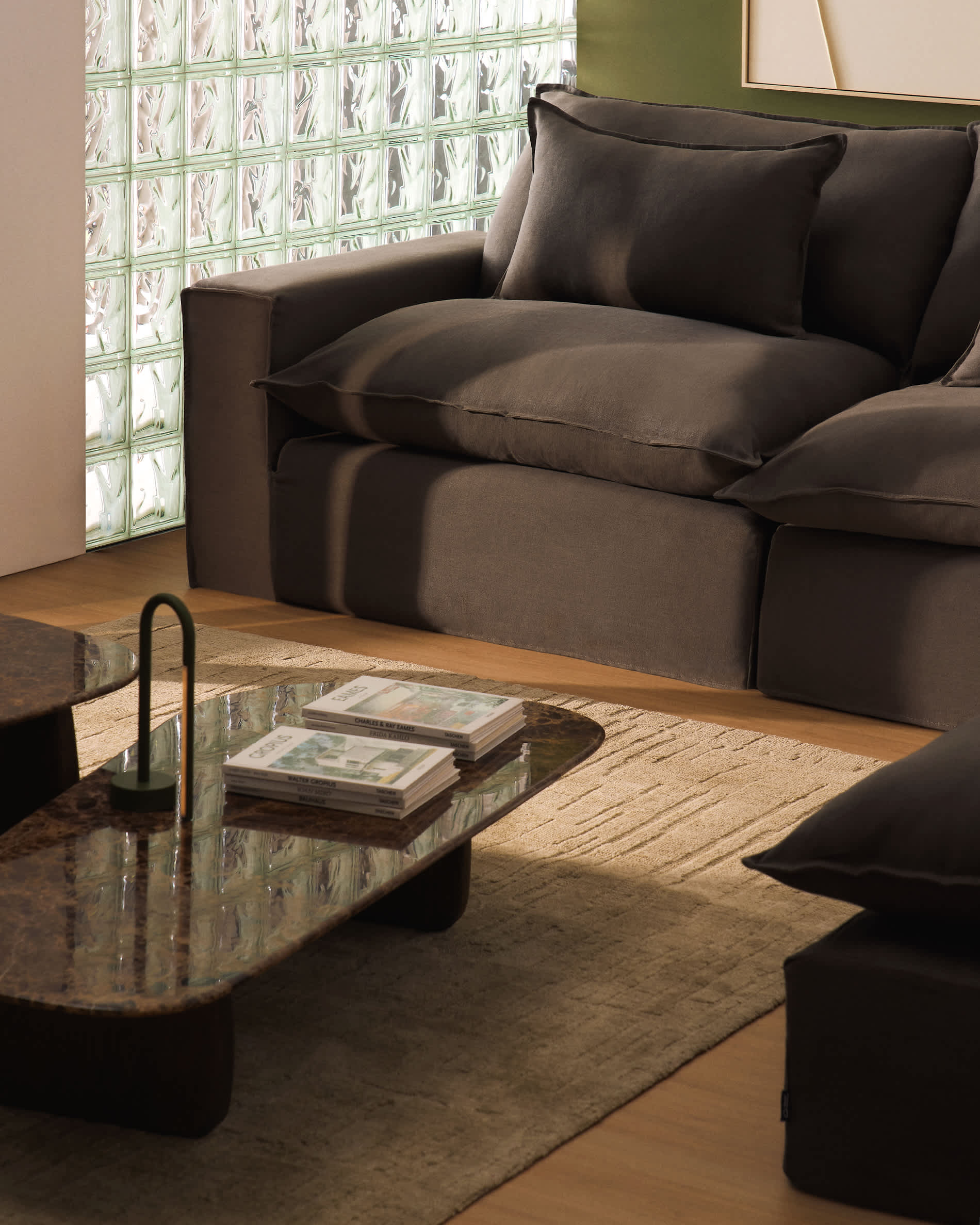 Anarela 100% taupe linen 6-seater modular corner sofa with removable cover 347 x 307cm FSC Mix Credit