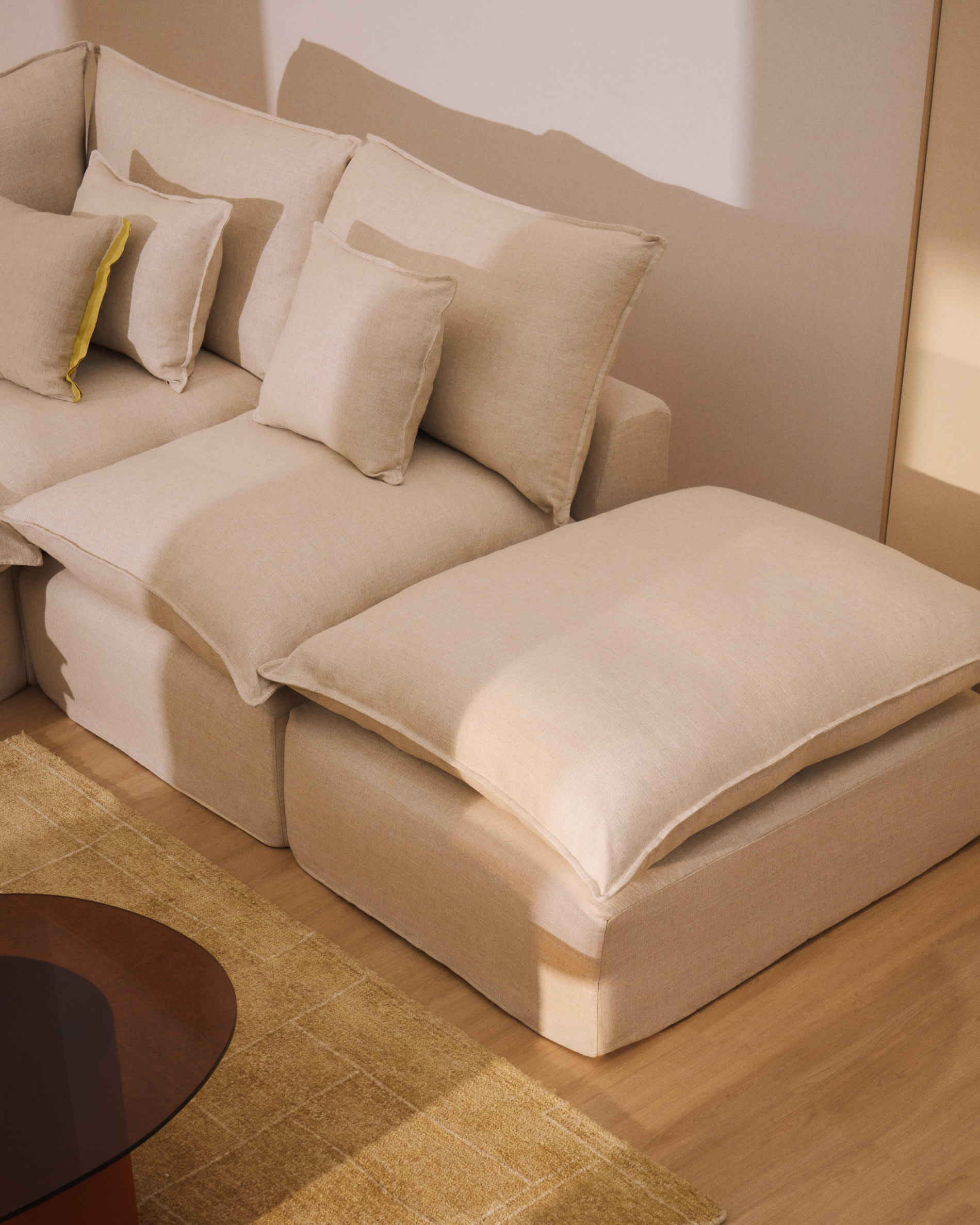 Anarela beige linen and viscose end pouffe with removable cover 90 x 107cm FSC Mix Credit