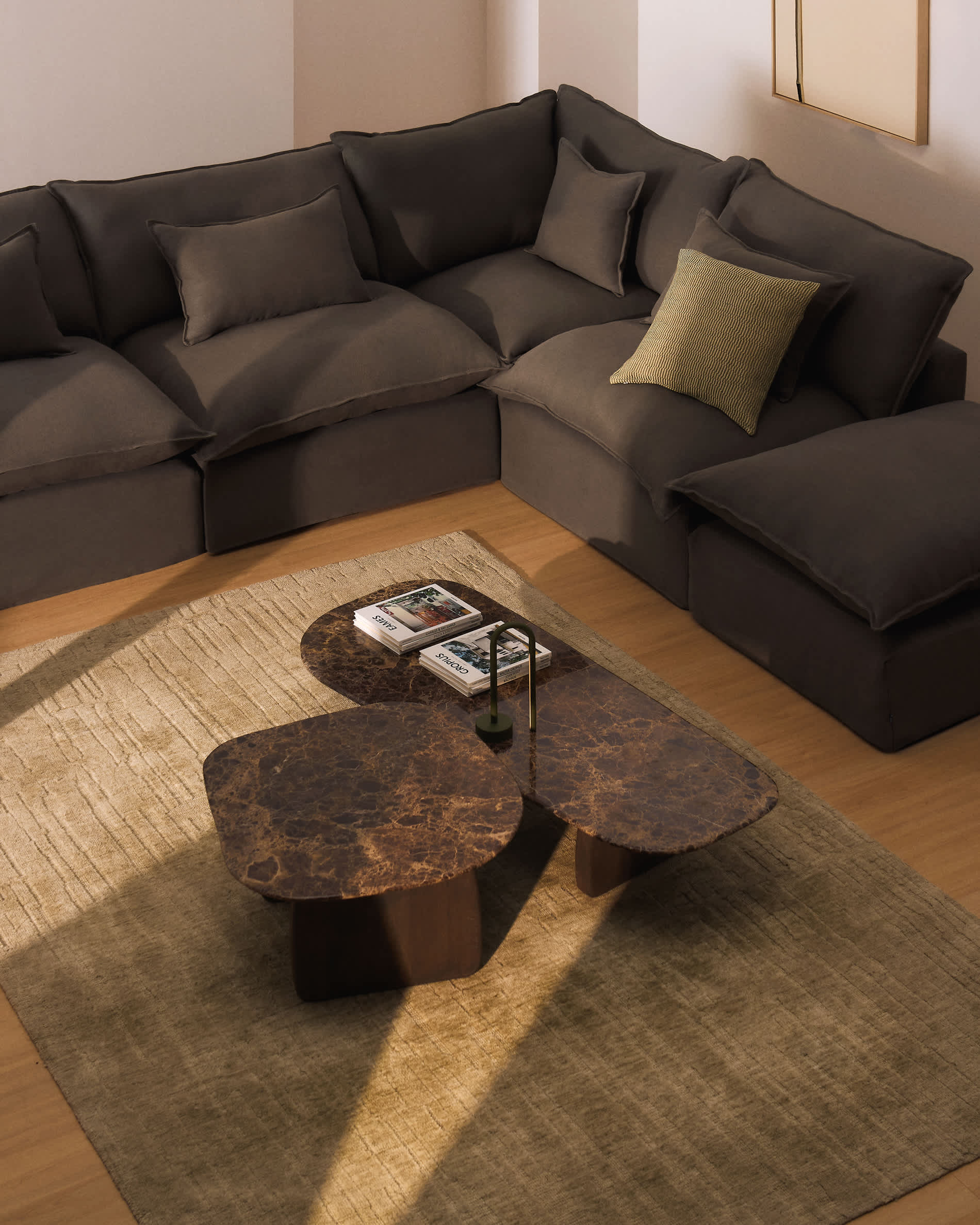 Anarela 100% taupe linen 6-seater modular corner sofa with removable cover 347 x 307cm FSC Mix Credit