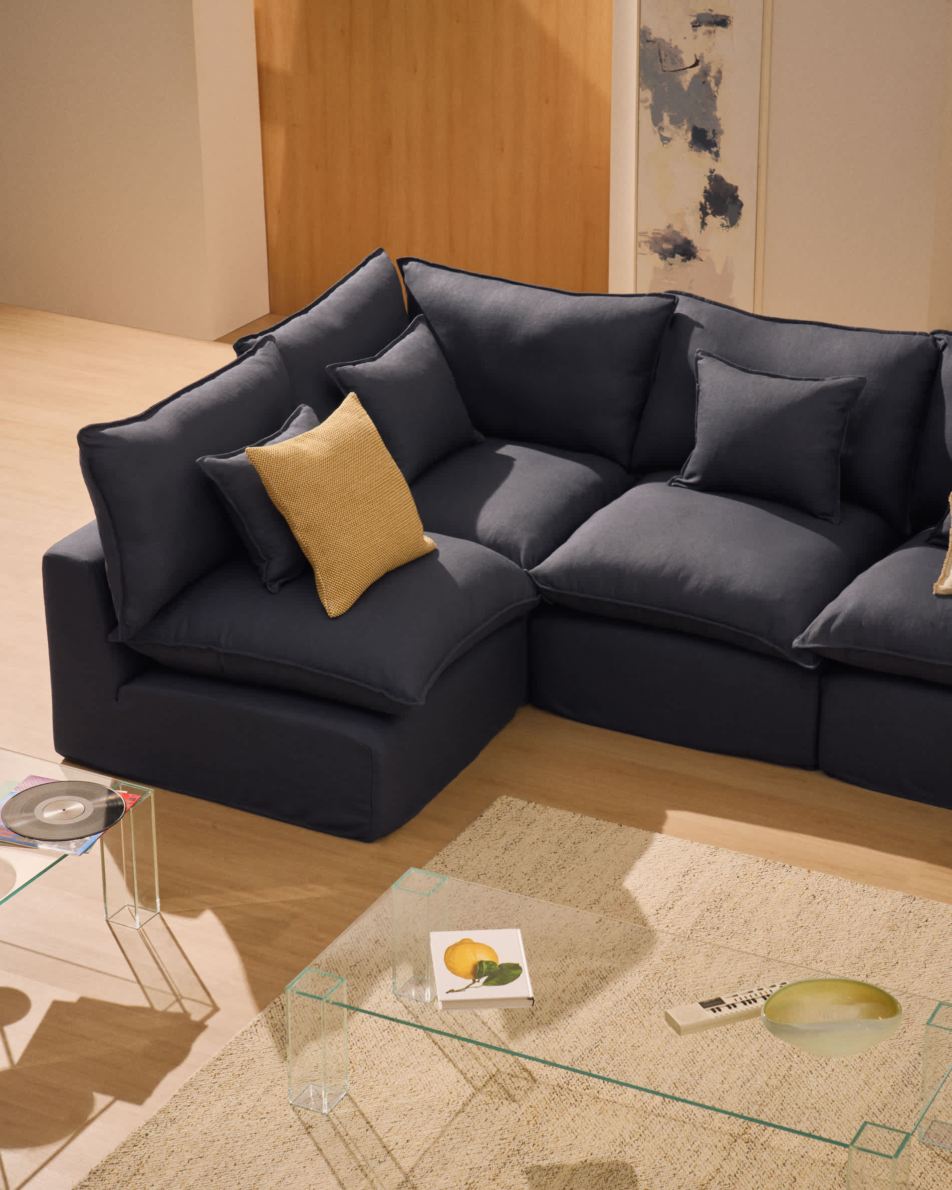 Anarela dark grey linen and viscose 4-seater modular corner sofa with removable cover 287 x 197cm / 197 x 287cm FSC Mix Credit