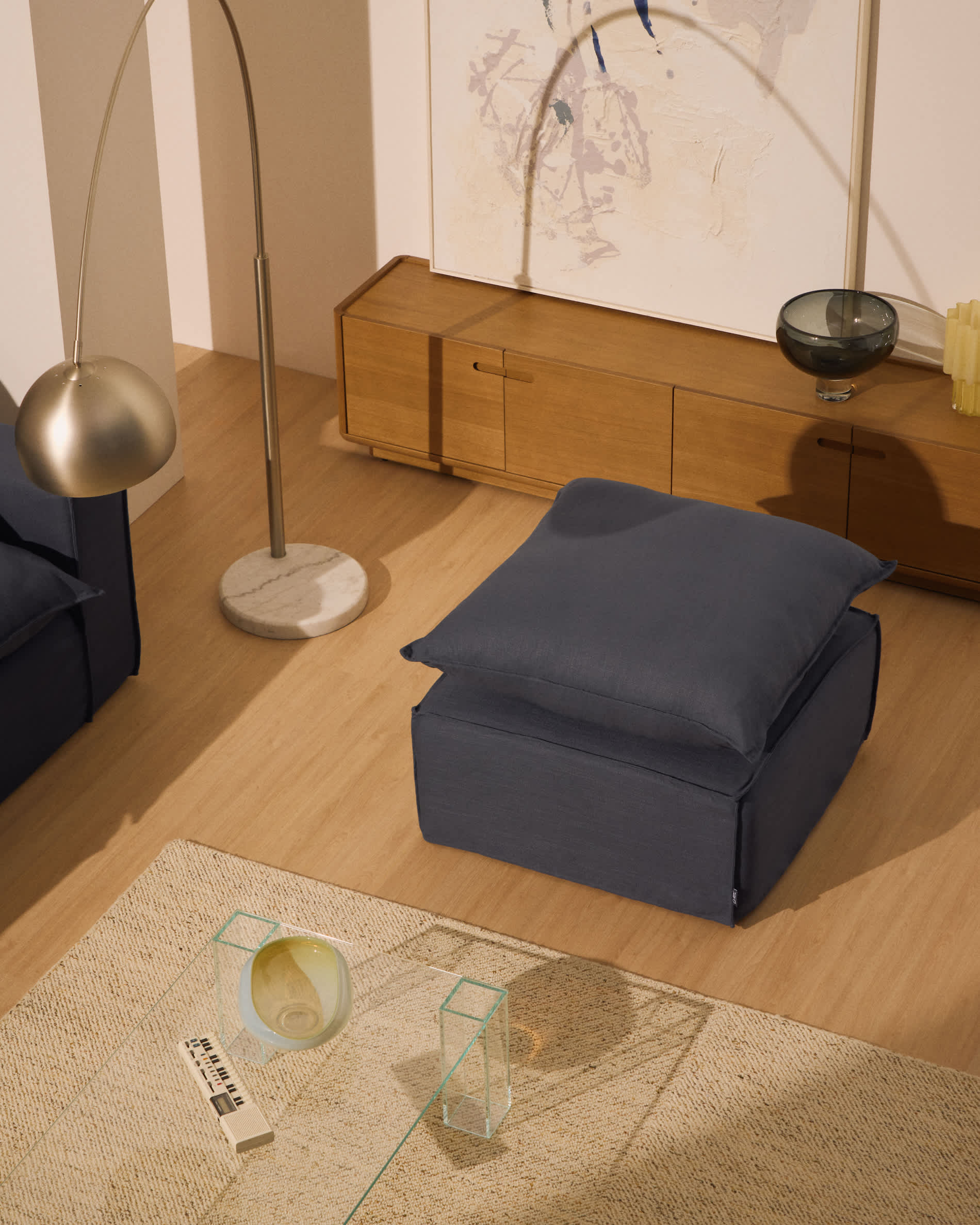 Anarela dark grey linen and viscose footrest with removable cover and cushion 80 x 80cm FSC Mix Credit