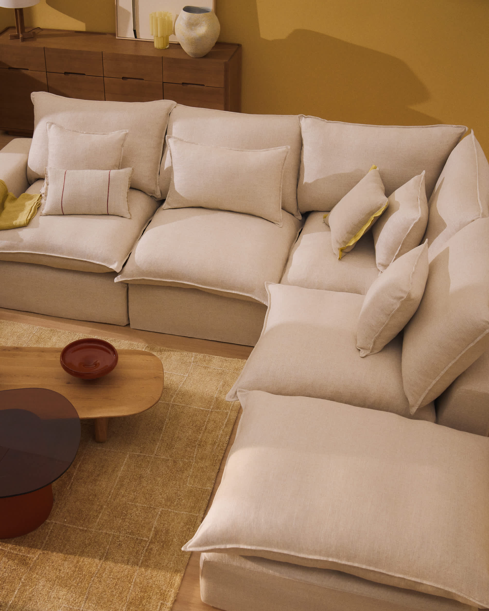 Anarela beige linen and viscose 6-seater modular corner sofa with removable cover 347 x 307 cm FSC Mix Credit