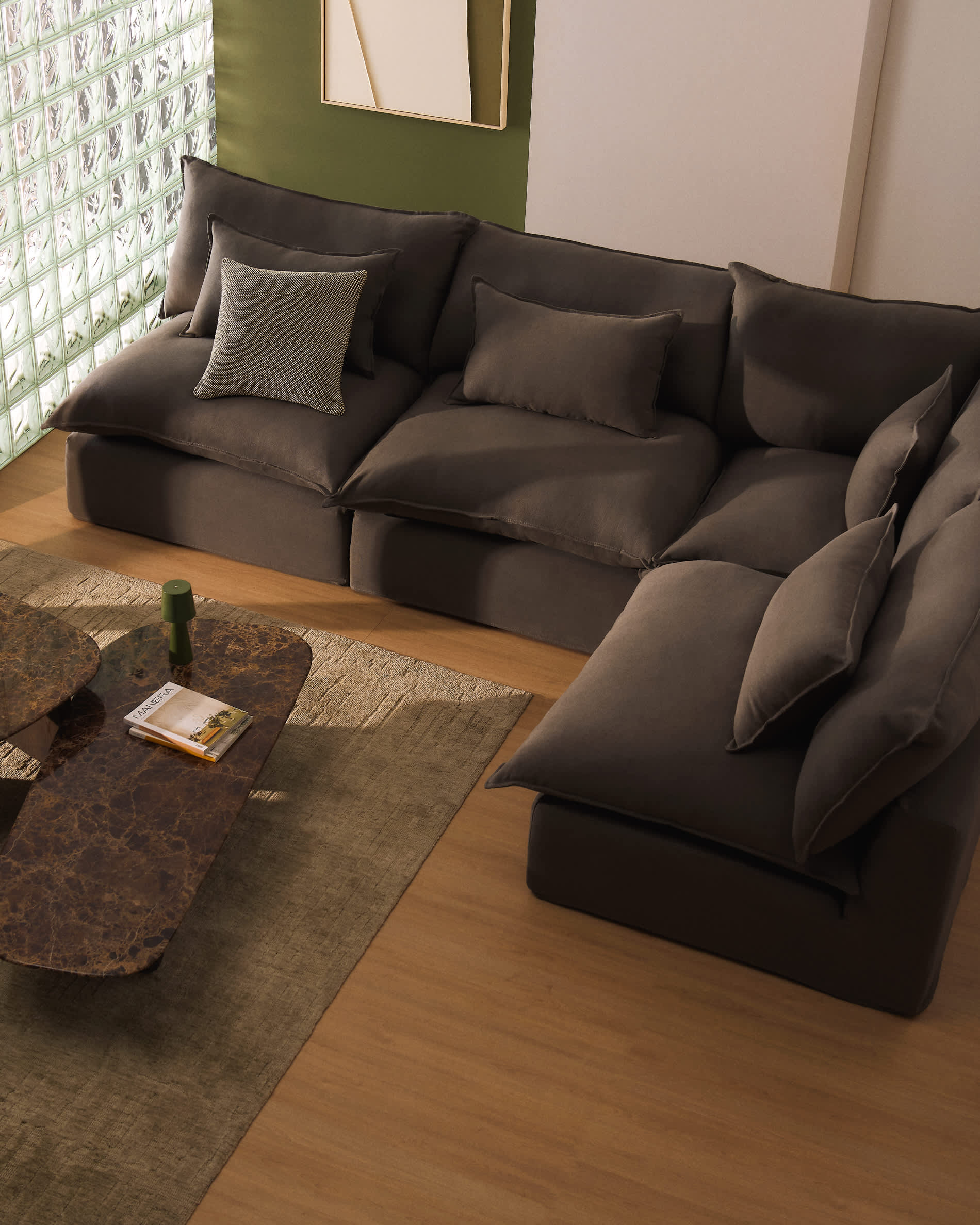 Anarela 100% taupe linen 6-seater modular corner sofa with removable cover 327 x 217cm / 217 x 327cm FSC Mix Credit
