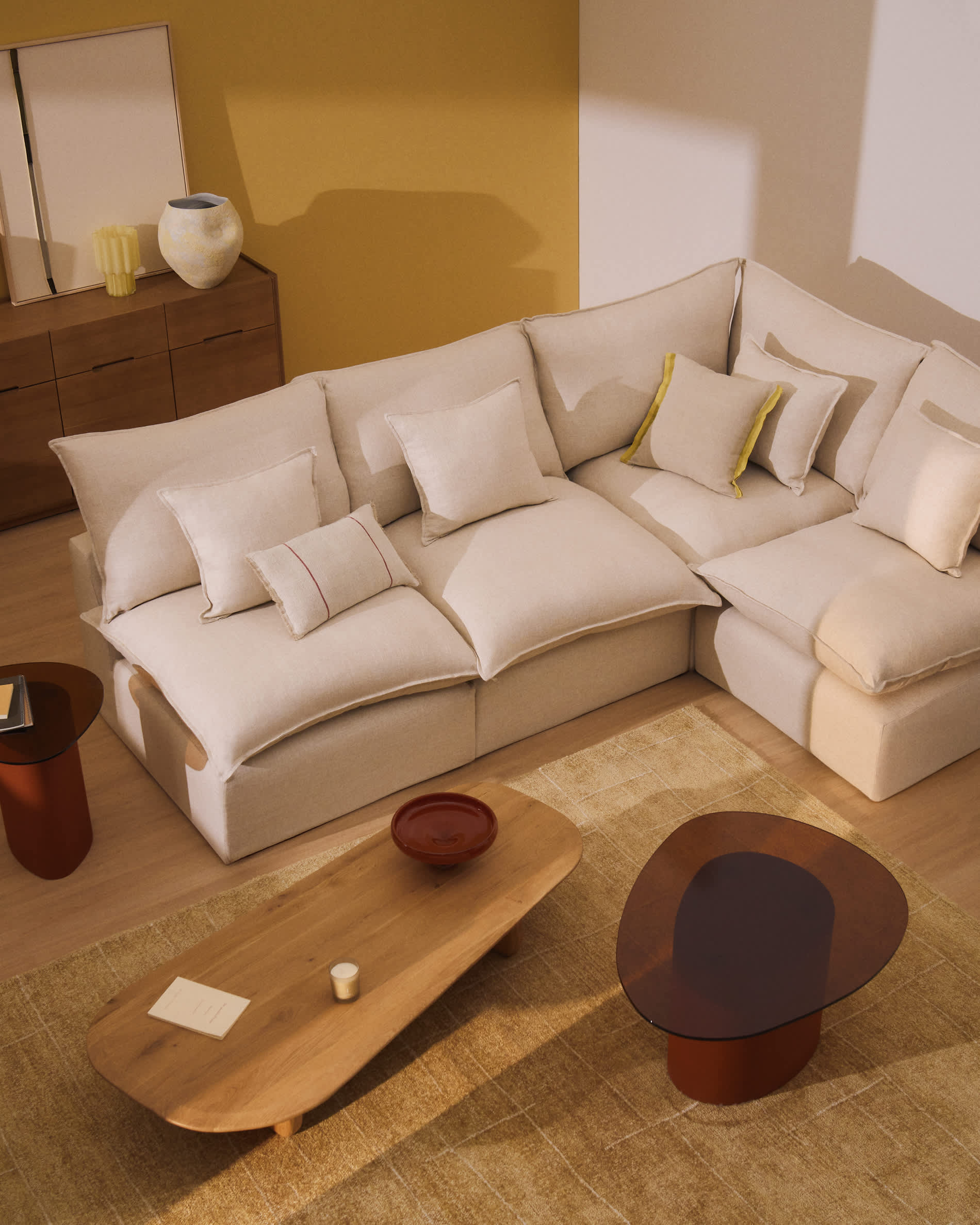 Anarela 4-seater modular corner sofa with removable covers in beige linen and viscose 287 x 197cm / 197 x 287cm FSC Mix Credit