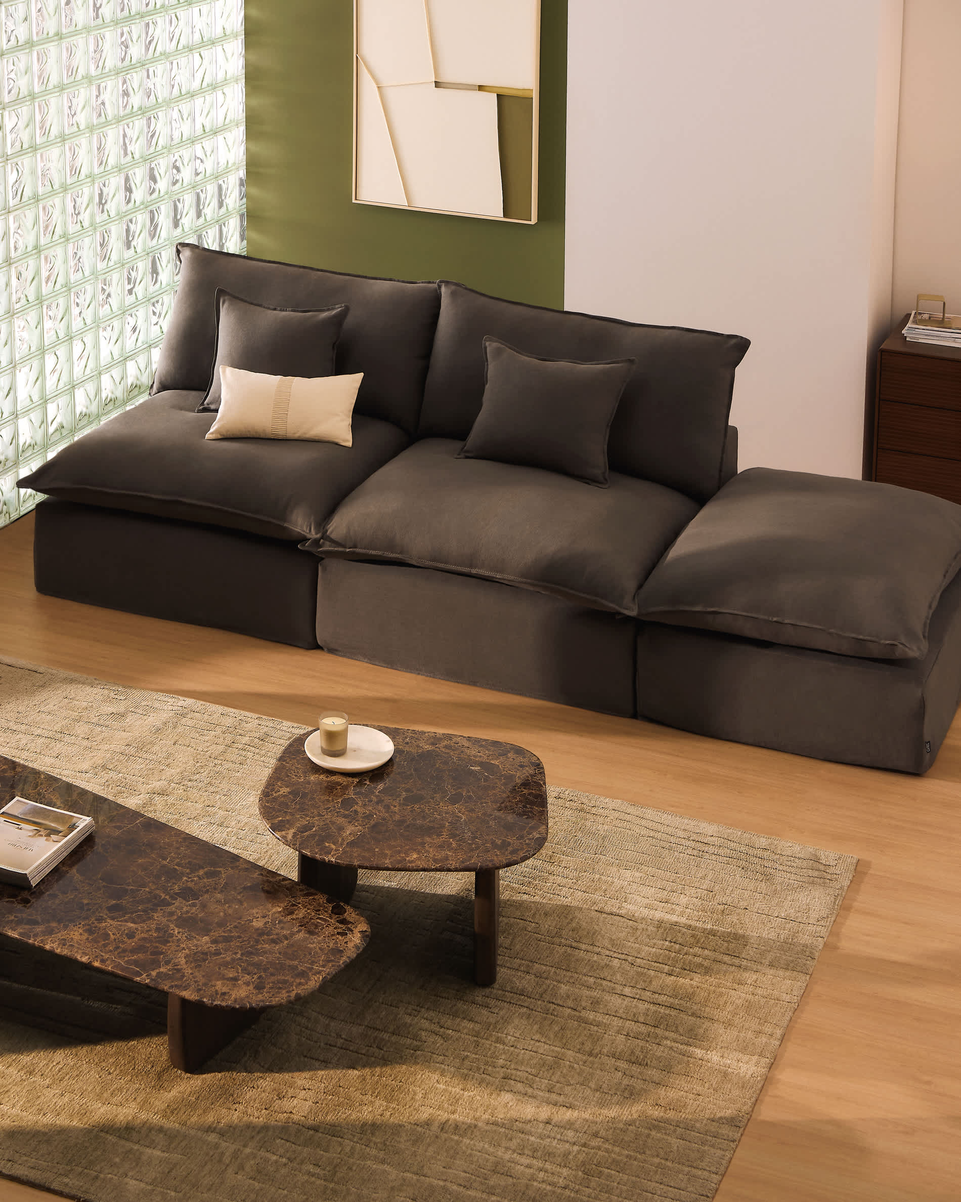 Anarela 100% taupe linen 3-seater modular sofa with end module and removable cover 310cm FSC Mix Credit