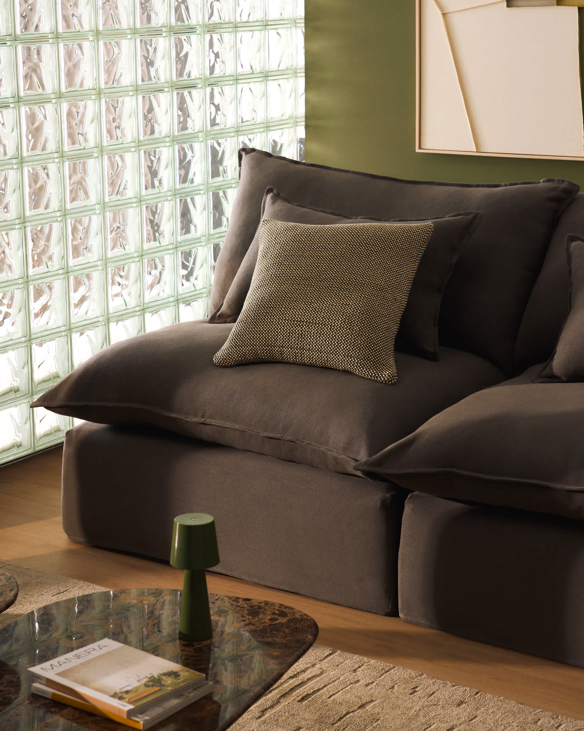 Anarela 100% taupe linen 6-seater modular corner sofa with removable cover 327 x 217cm / 217 x 327cm FSC Mix Credit