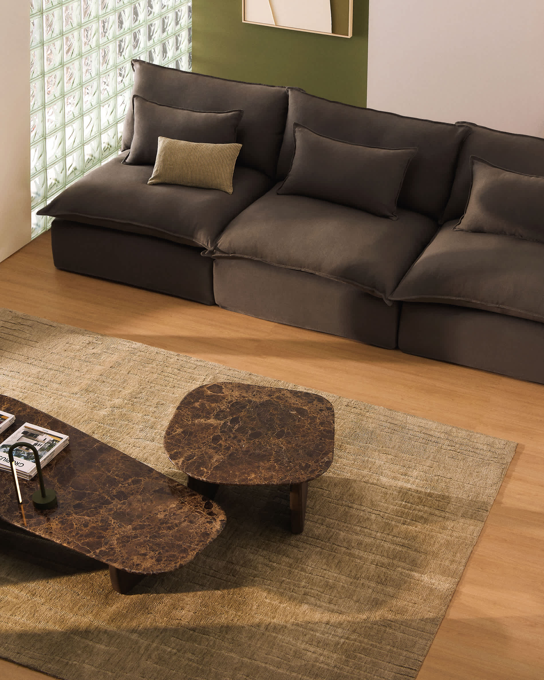 Anarela 100% taupe linen 5-seater modular sofa with removable cover 330cm FSC Mix Credit