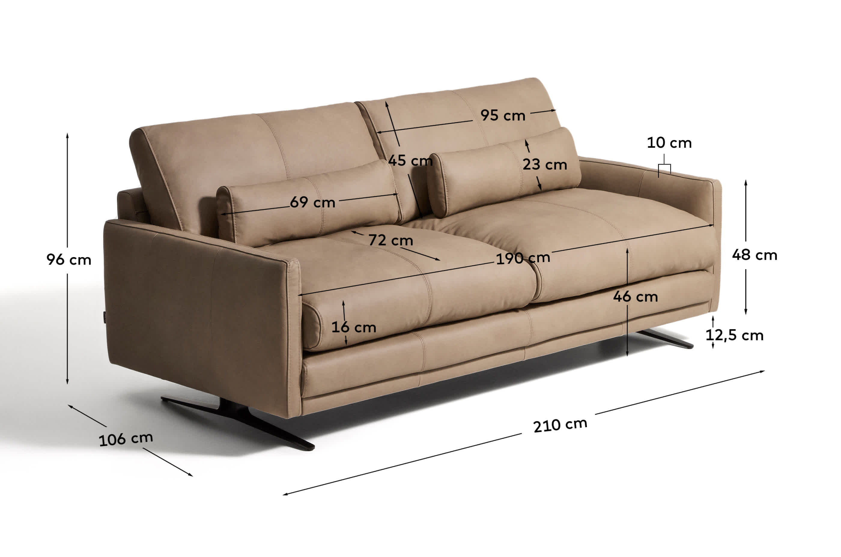 Veliro brown leather 2-seater sofa with steel legs in black finish 210cm FSC Mix Credit