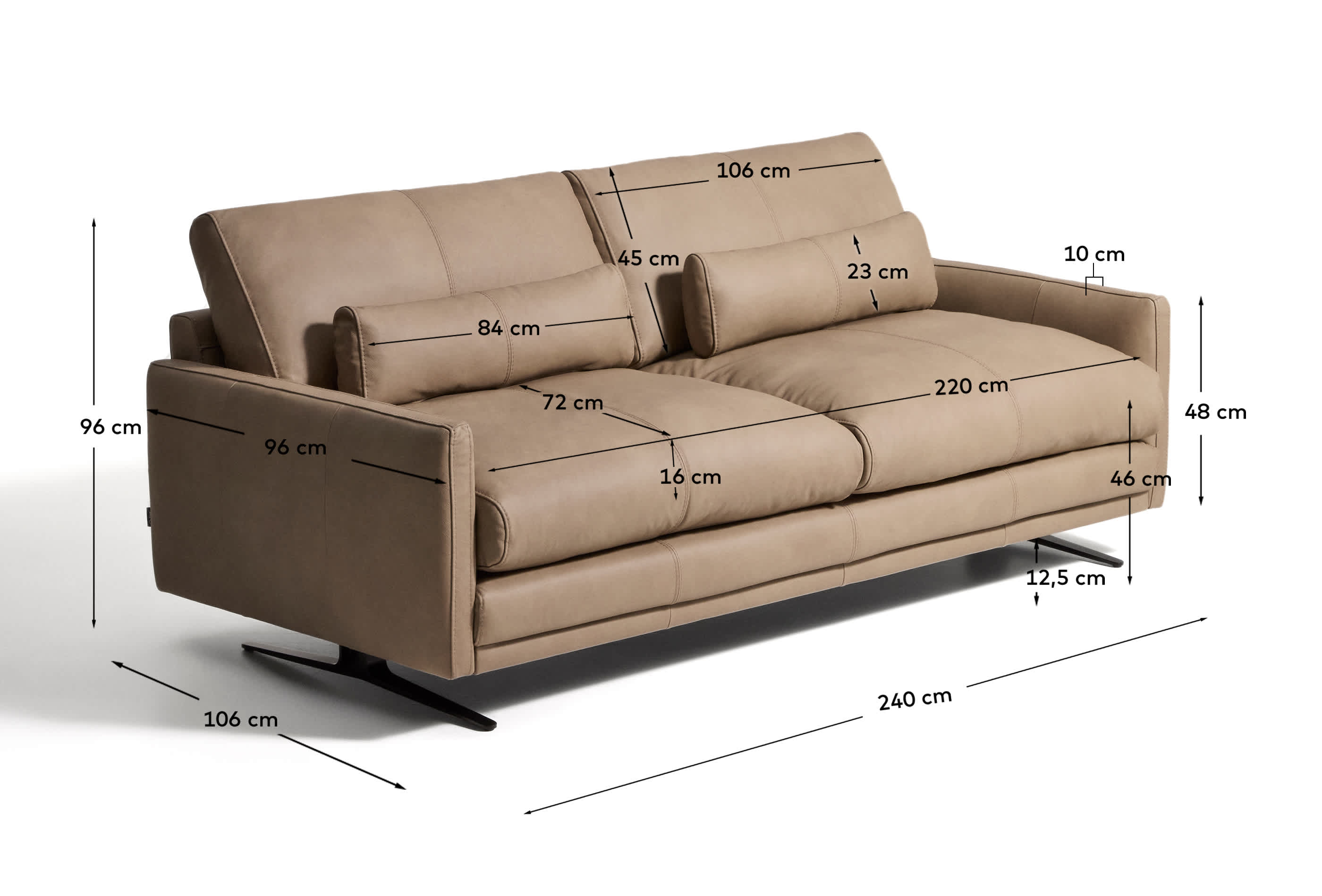 Veliro brown leather 3-seater sofa with steel legs in black finish 240cm FSC Mix Credit