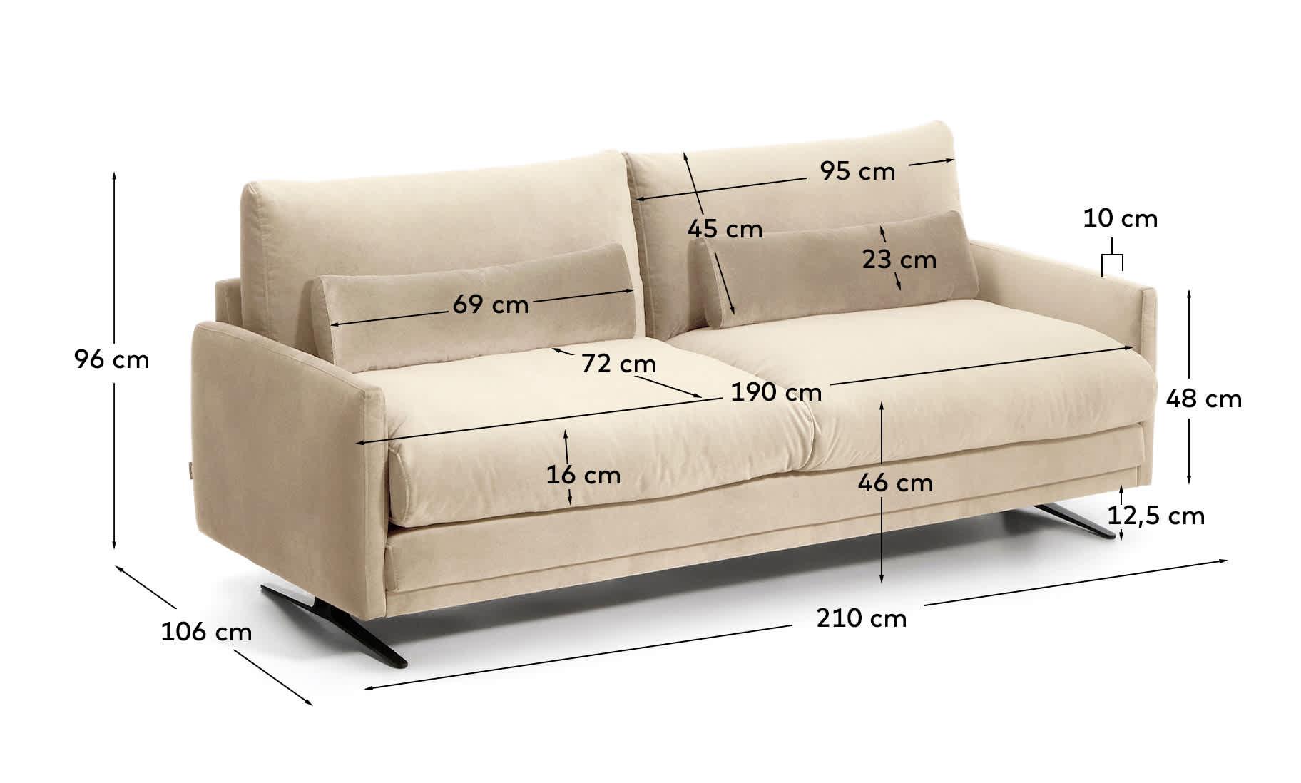 Veliro pearl velvet 2-seater sofa with steel legs in black finish 210cm FSC Mix Credit