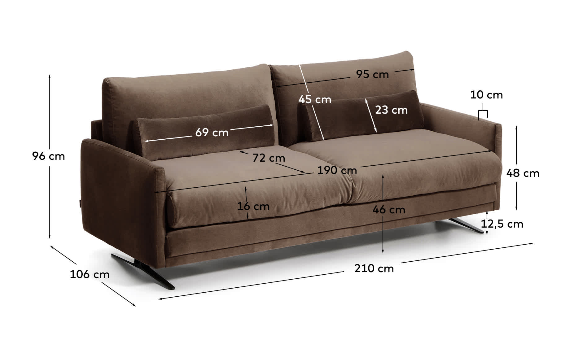 Veliro chocolate brown velvet 2-seater sofa with steel legs in black finish 210cm FSC Mix Credit