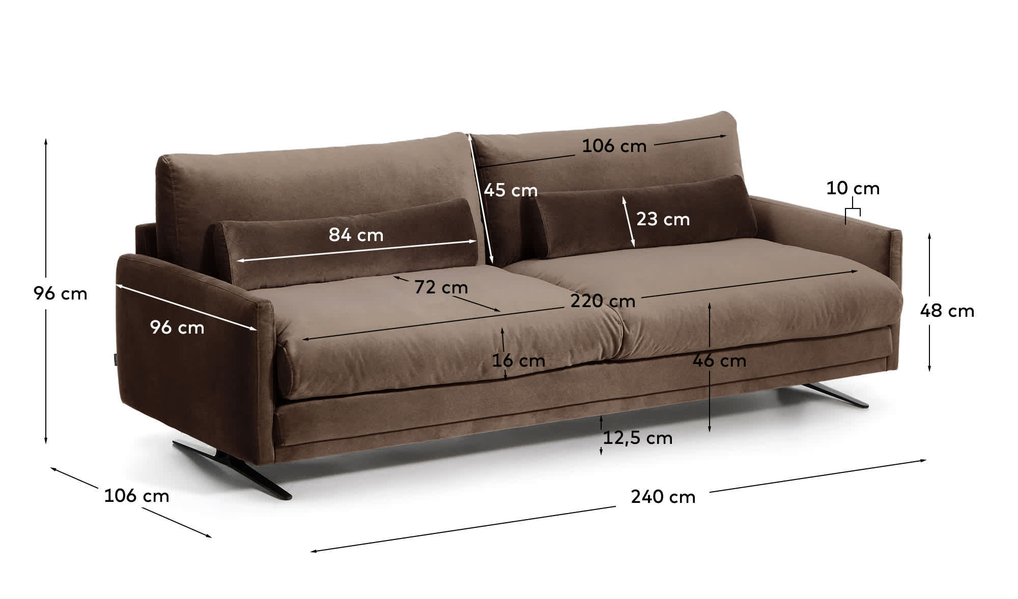 Veliro chocolate brown velvet 3-seater sofa with black steel legs 240cm FSC Mix Credit