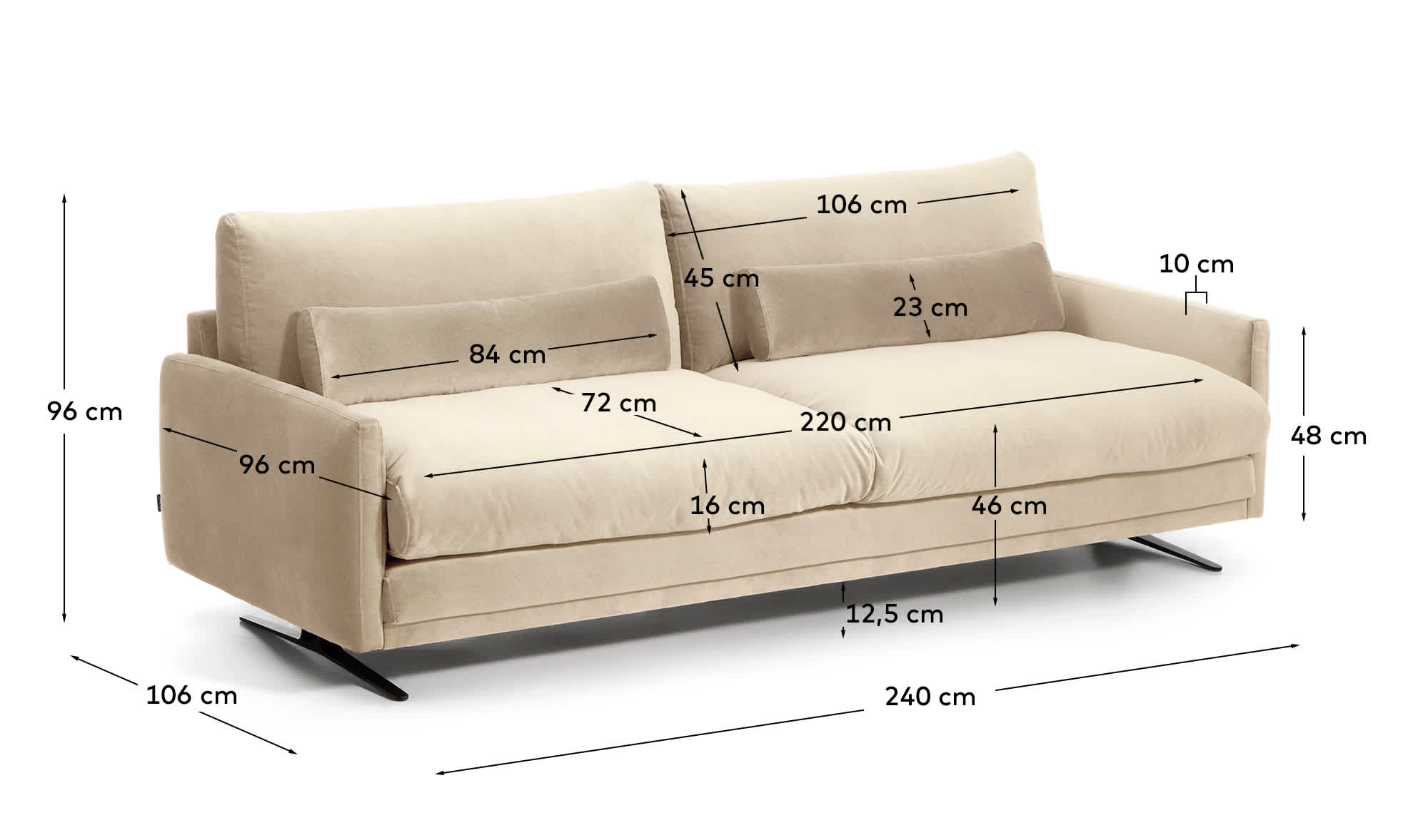 Veliro pearl velvet 3-seater sofa with black steel legs 240cm FSC Mix Credit