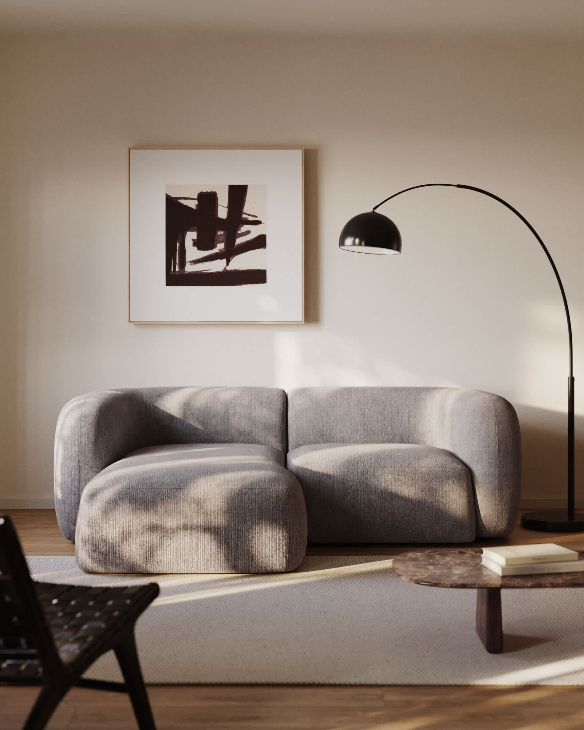 Martina fire-retardant stone-coloured chenille 2-seater modular sofa with left chaise longue 230 cm