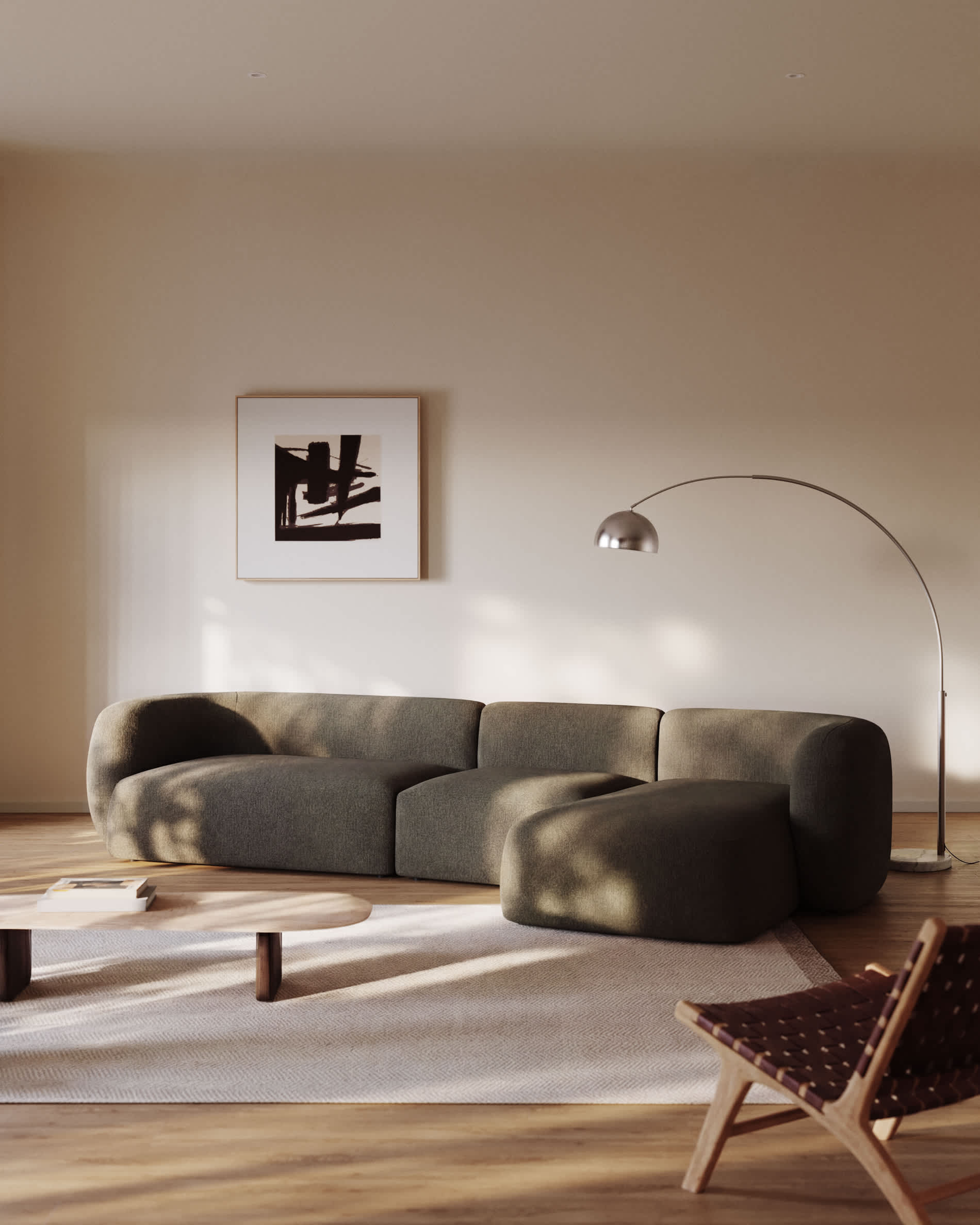 Martina fire-retardant green chenille 4-seater modular sofa with right chaise longue 377 cm