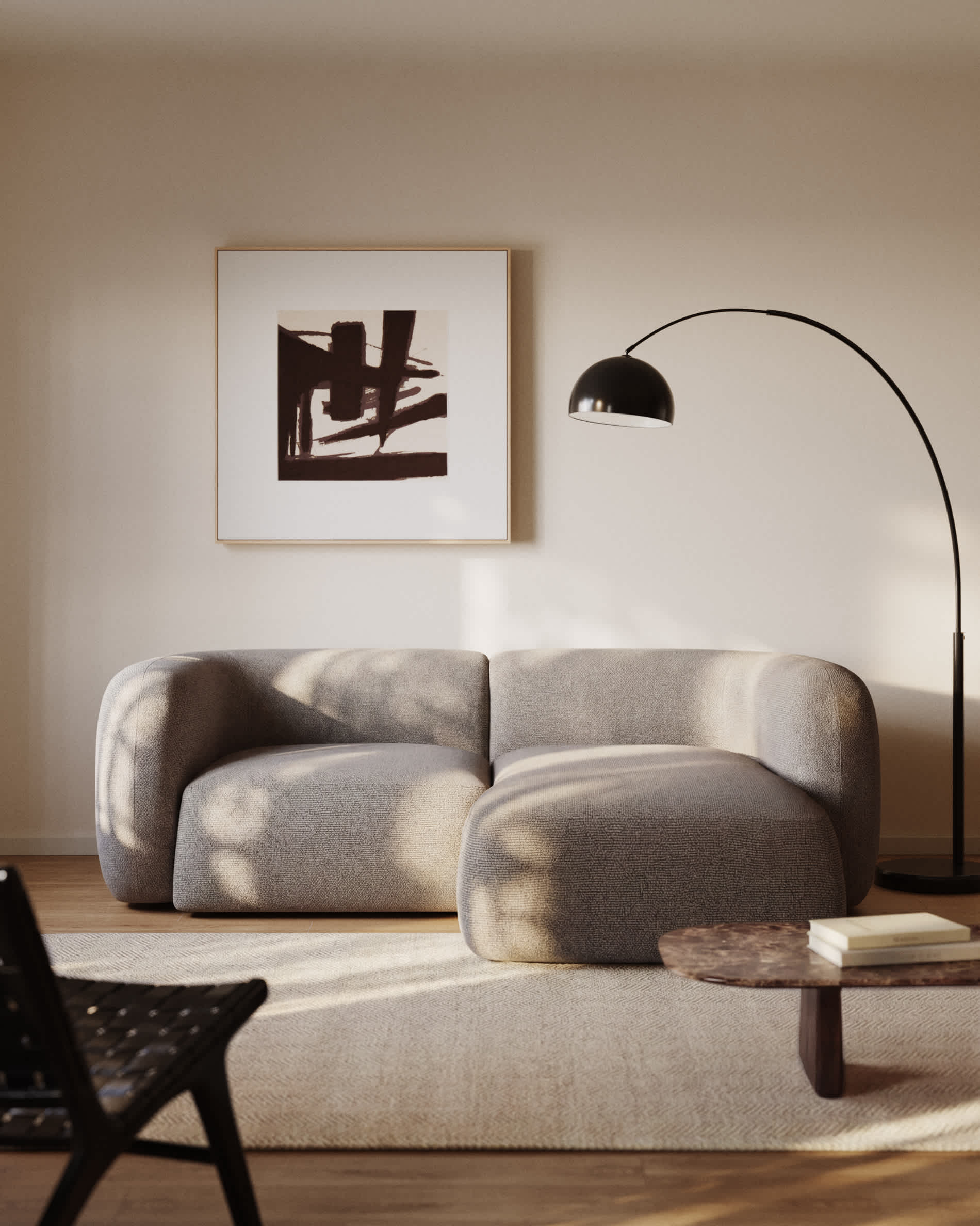 Martina fire-retardant stone-coloured chenille 2-seater modular sofa with right chaise longue 230 cm