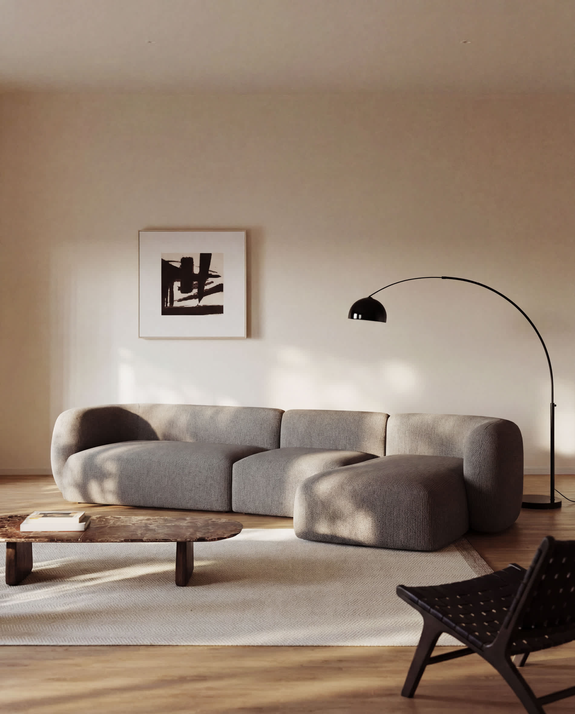 Martina fire-retardant stone-coloured chenille 4-seater modular sofa with right chaise longue 377 cm