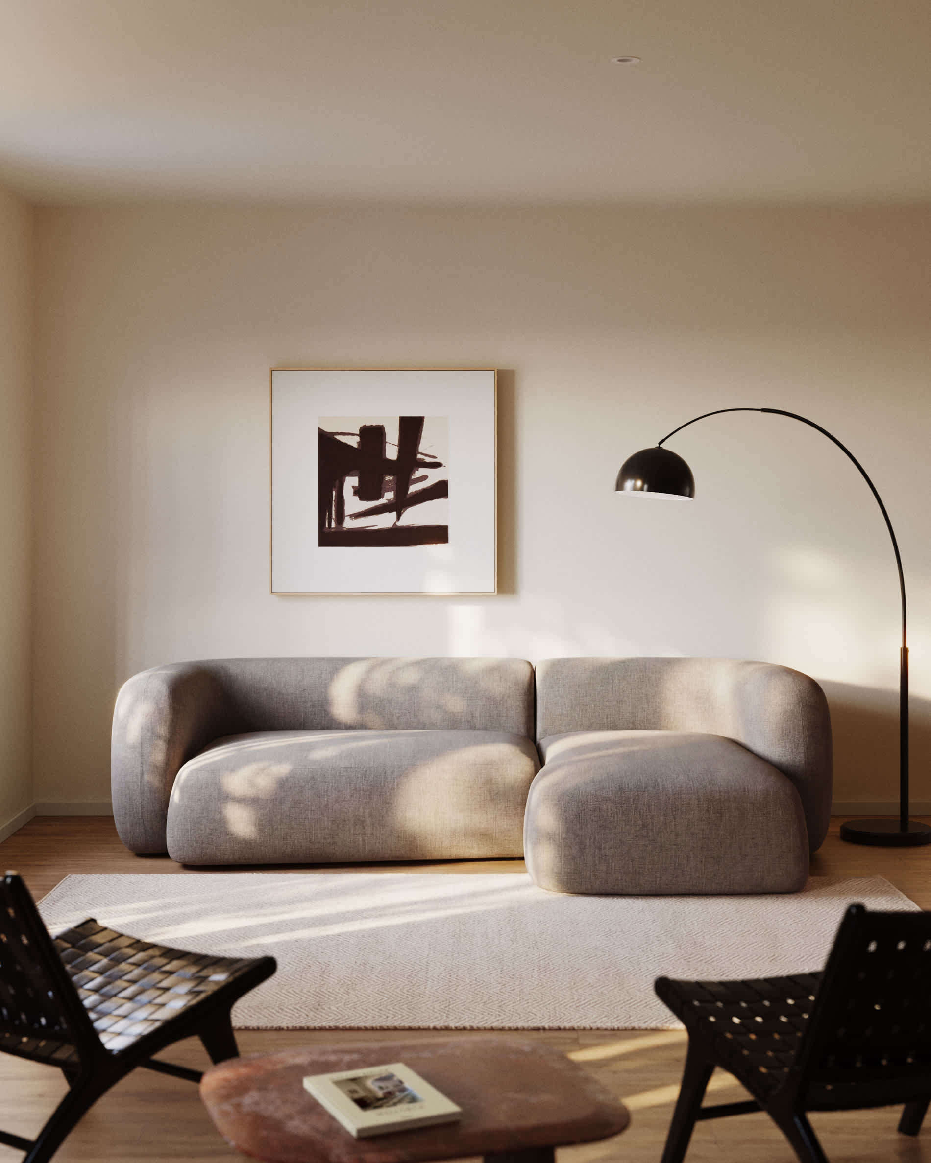 Martina fire-retardant stone-coloured chenille 3-seater modular sofa with right chaise longue 287 cm