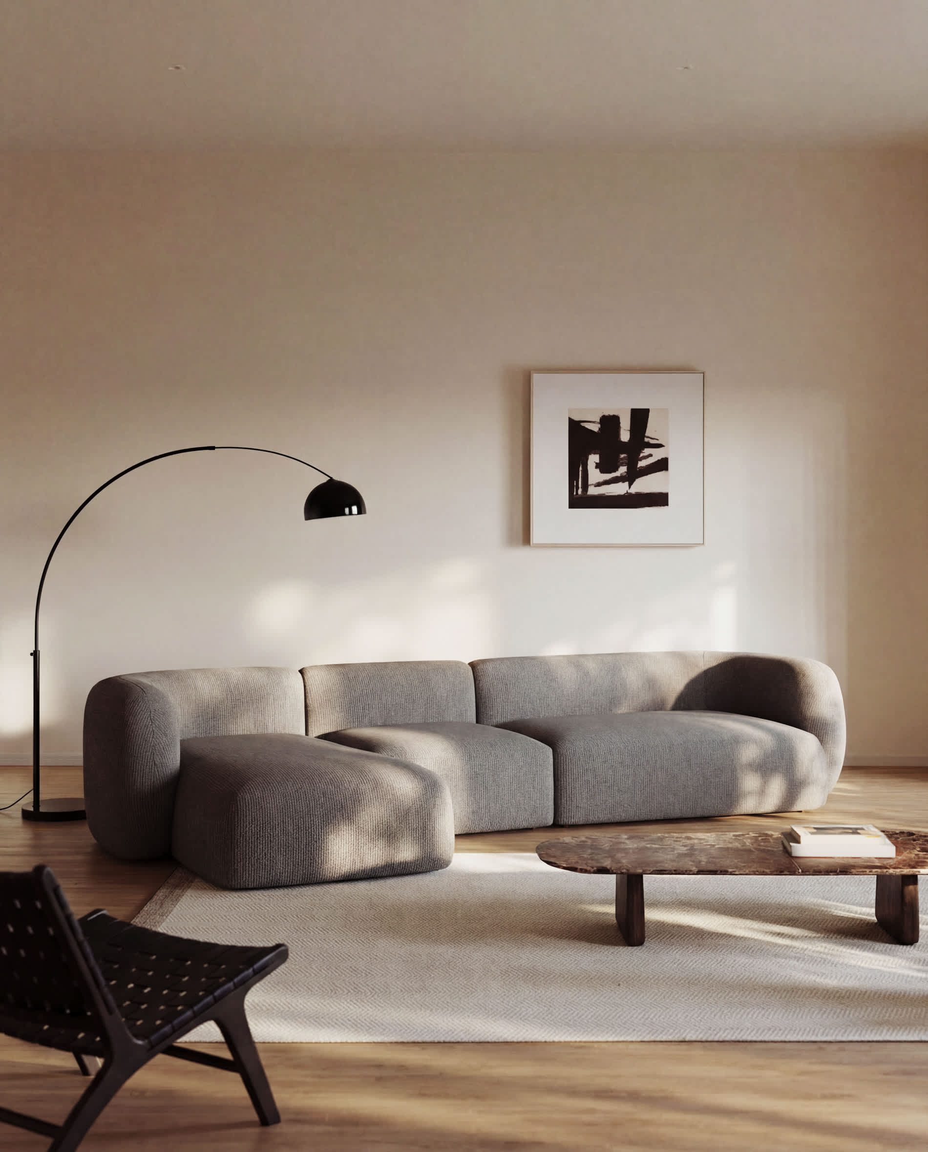 Martina fire-retardant stone-coloured chenille 4-seater modular sofa with left chaise longue 377 cm
