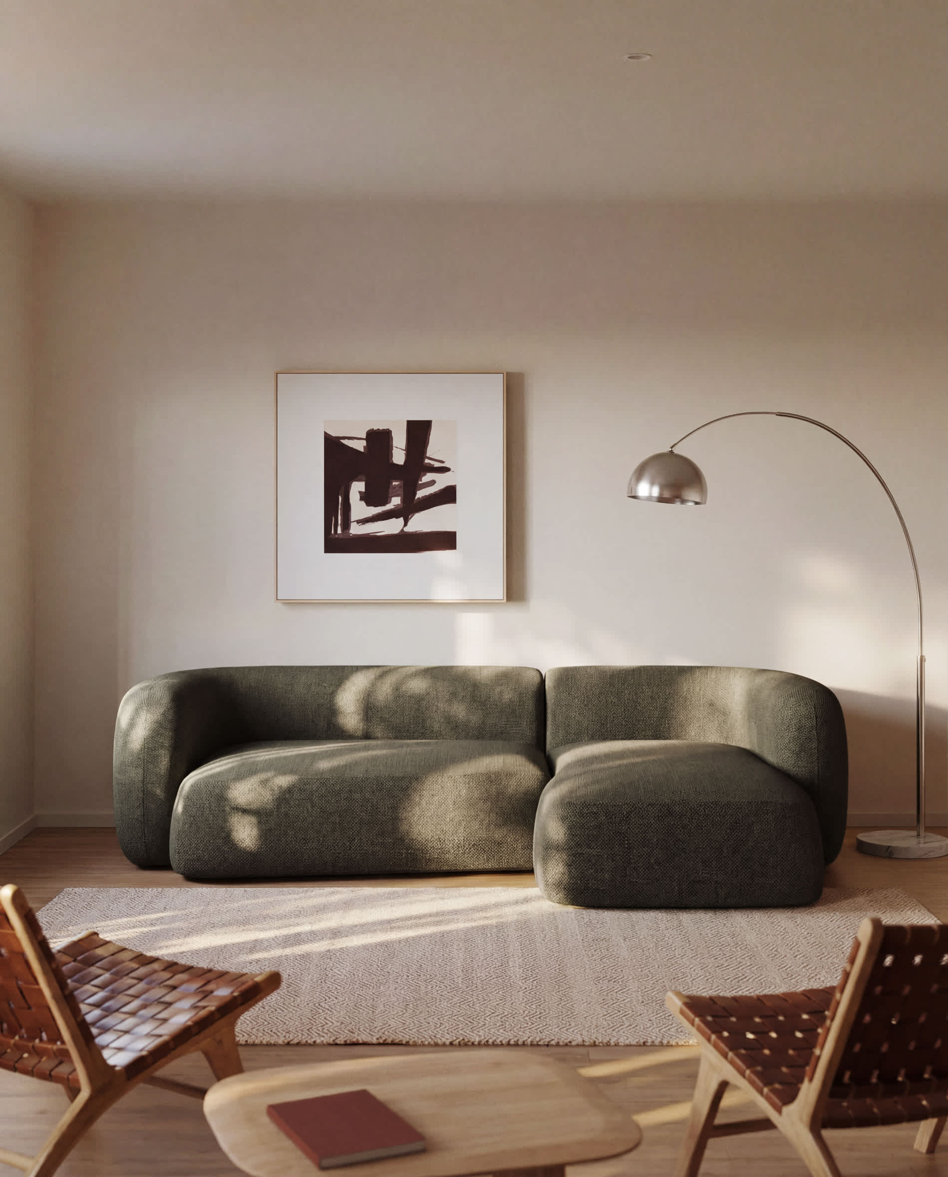Martina fire-retardant green chenille 3-seater modular sofa with right chaise longue 287 cm