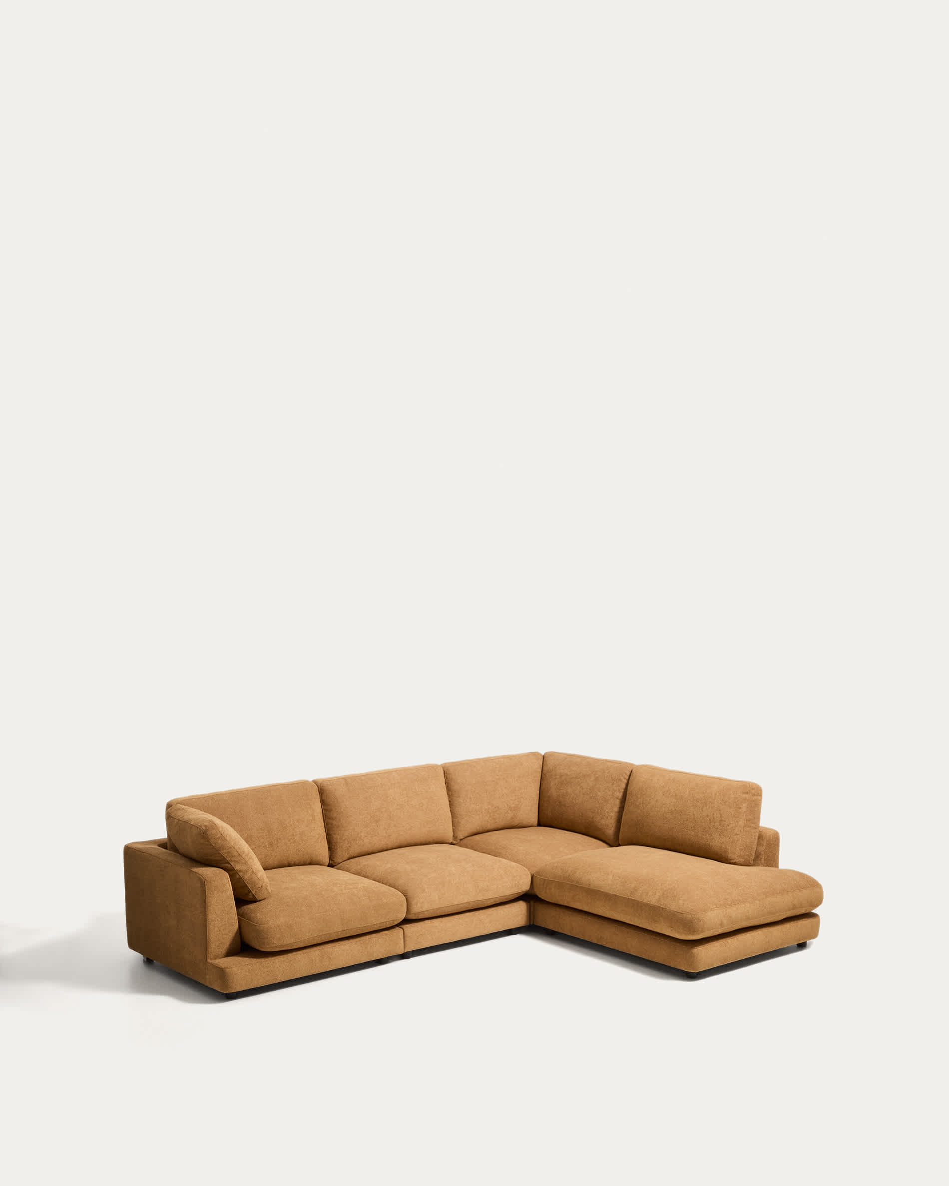 Gala 5-seater corner sofa with end module right side in mustard micro bouclé FSC Mix Credit 300 x 225cm