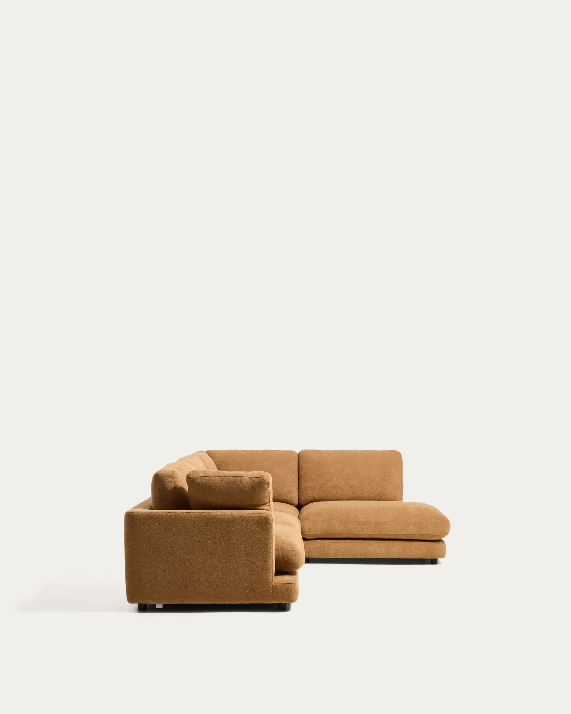 Gala 5-seater corner sofa with end module right side in mustard micro bouclé FSC Mix Credit 300 x 225cm