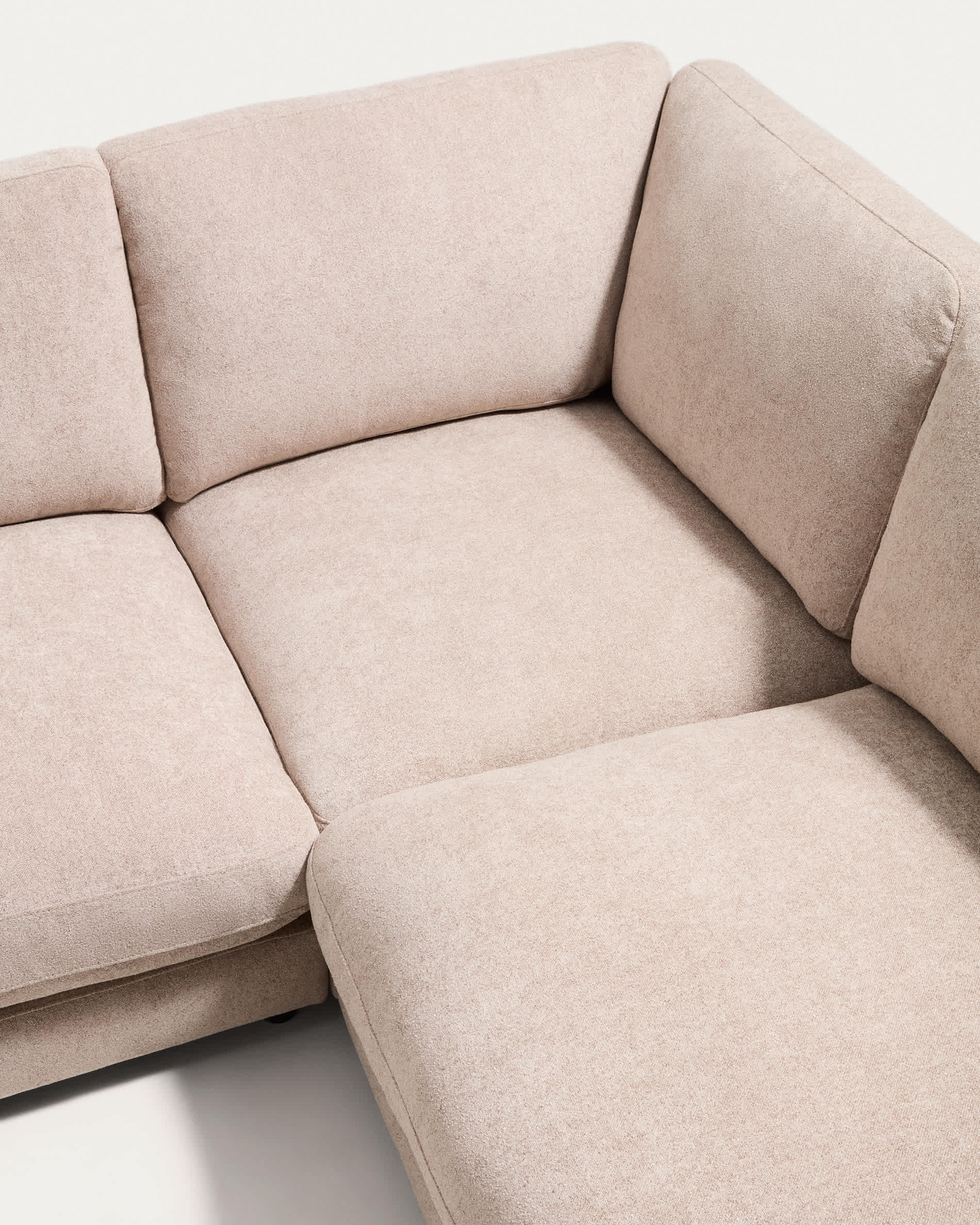 Gala 5-seater corner sofa with end module right side in beige micro bouclé FSC Mix Credit 300 x 225cm