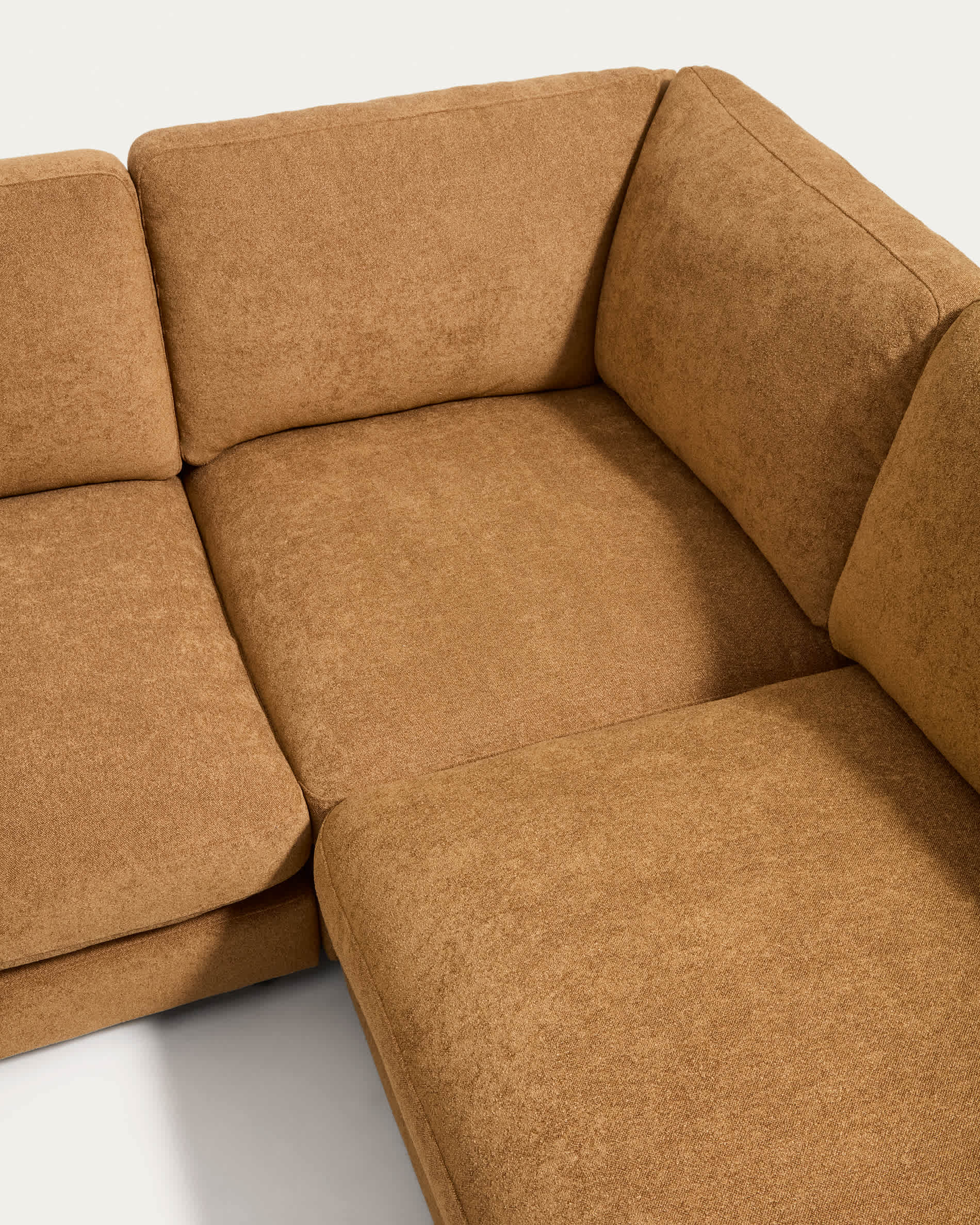 Gala 5-seater corner sofa with end module right side in mustard micro bouclé FSC Mix Credit 300 x 225cm