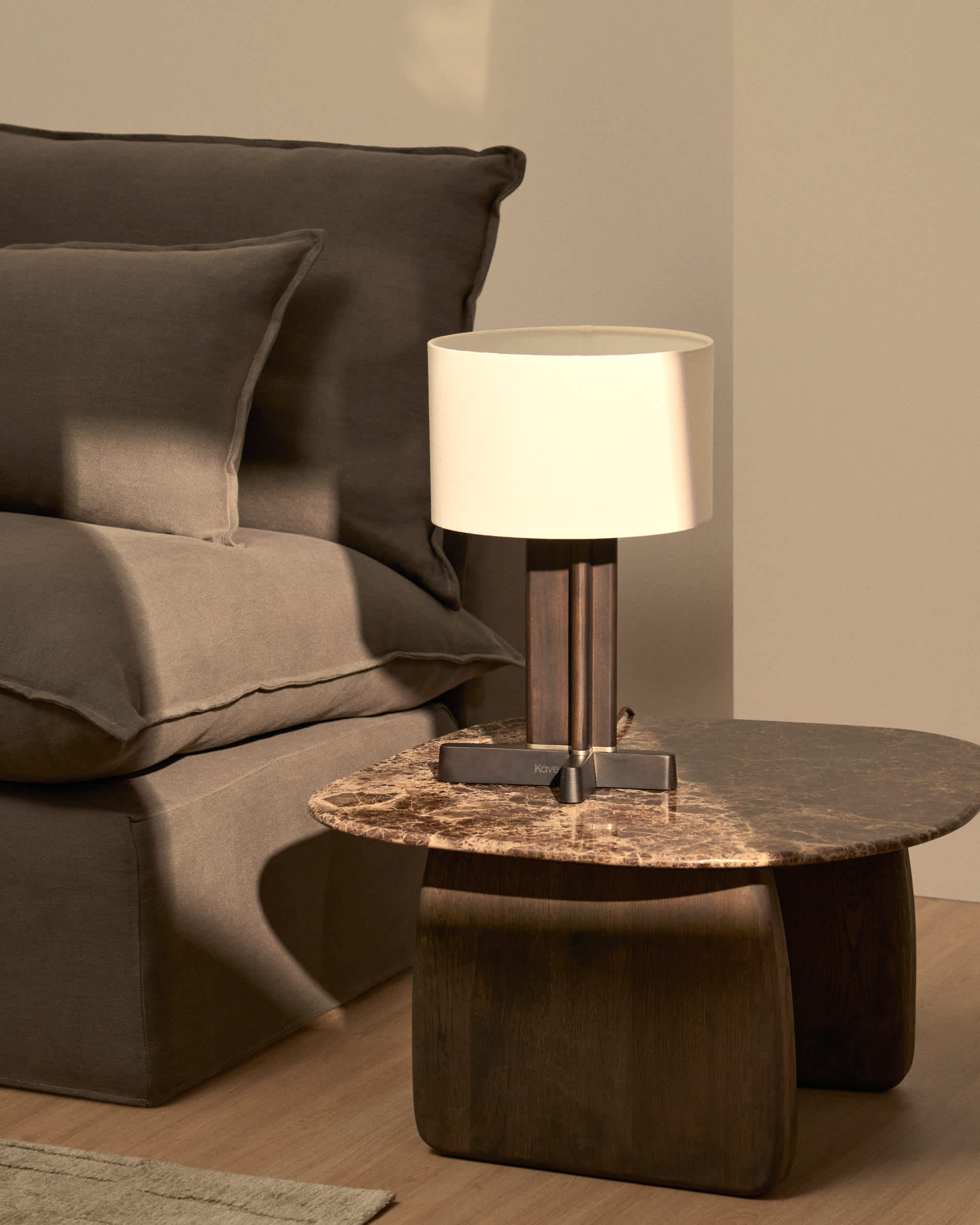 Niani table lamp in dark-finish rubber wood with ivory-coloured cotton shade Ø30cm